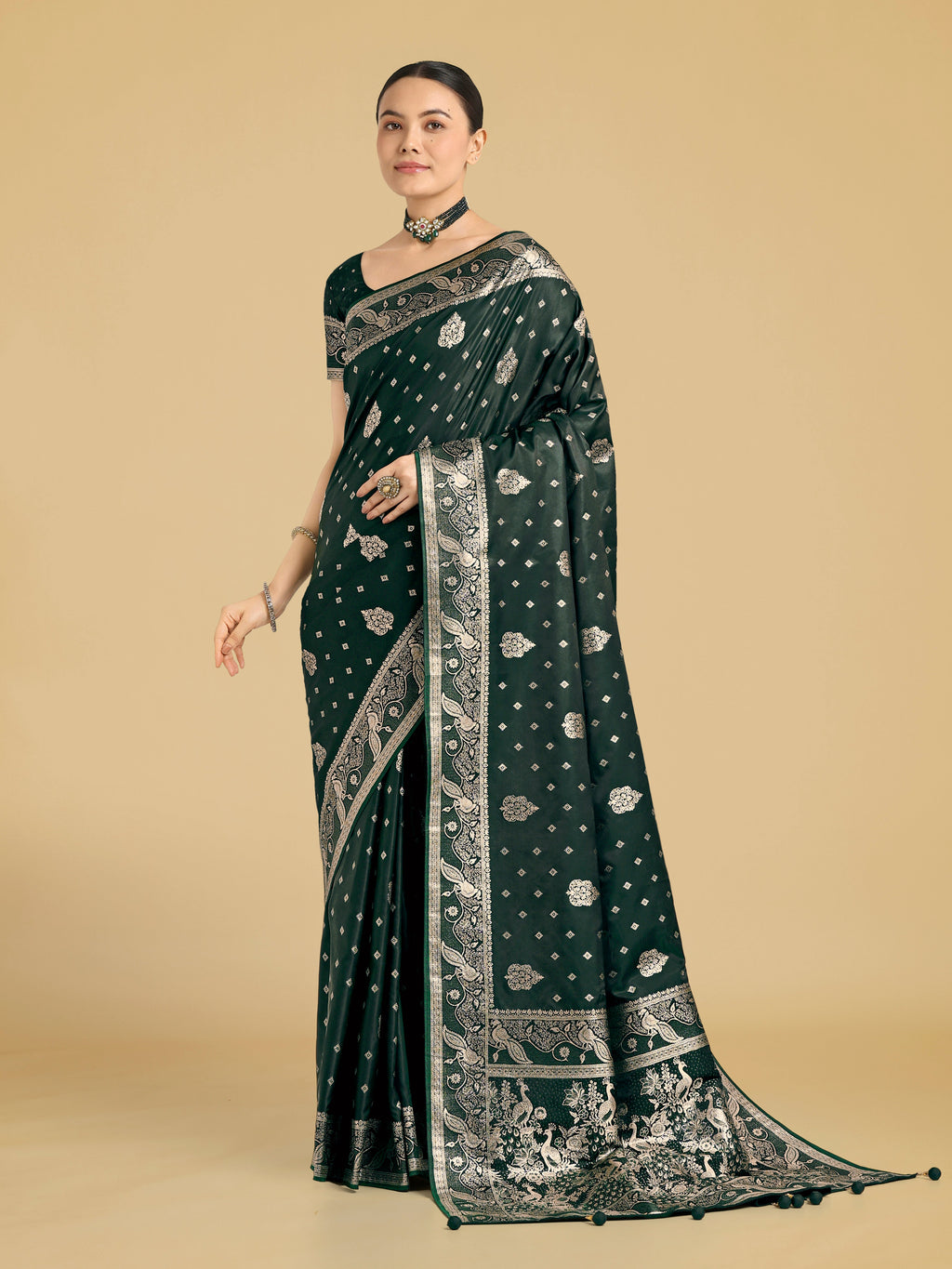 Dark Green Banarasi Satin Silk Saree with intricate gold Zari woven patterns.