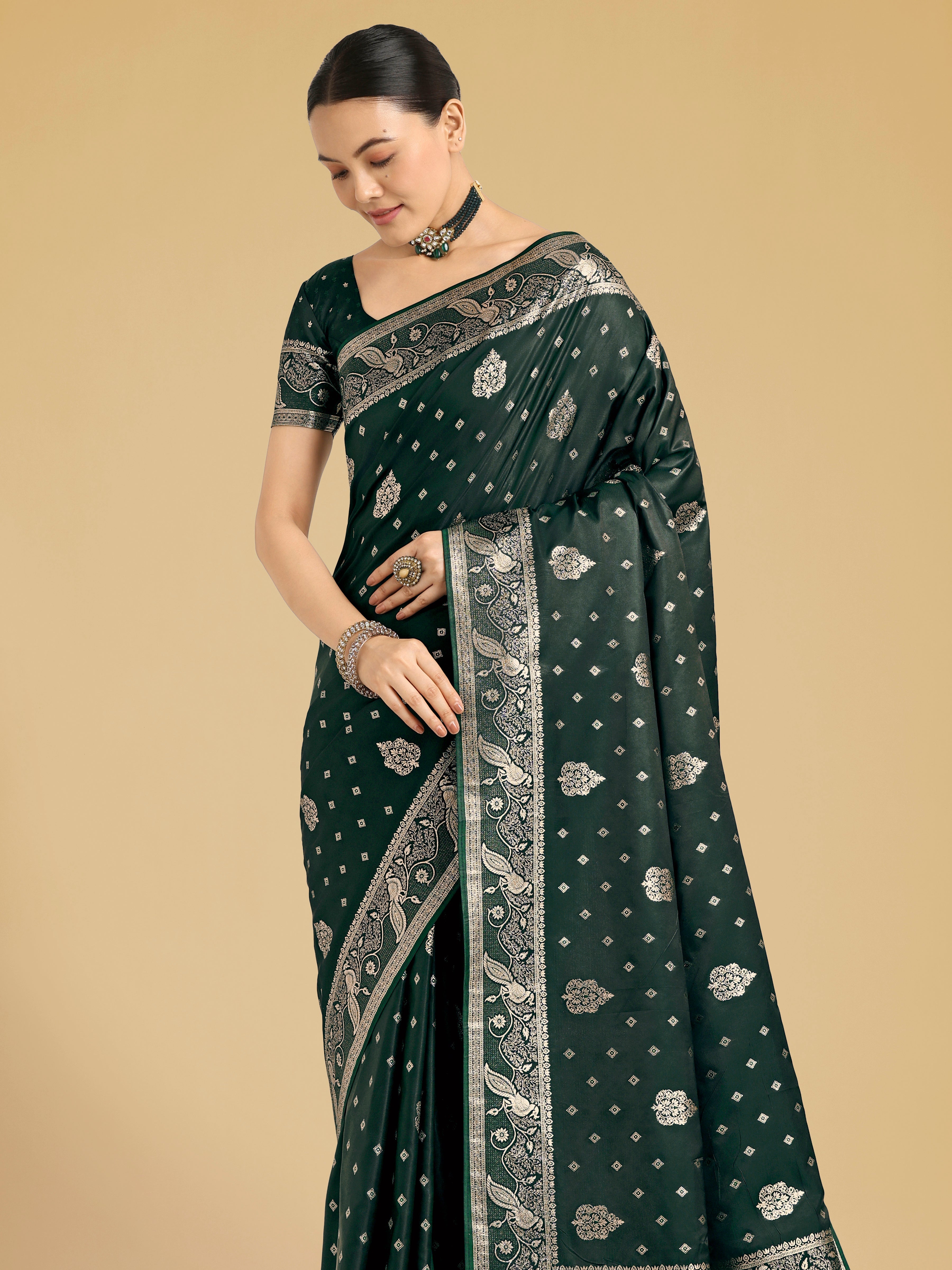 Traditional Dark Green Banarasi Satin Silk Saree with Zari Weave