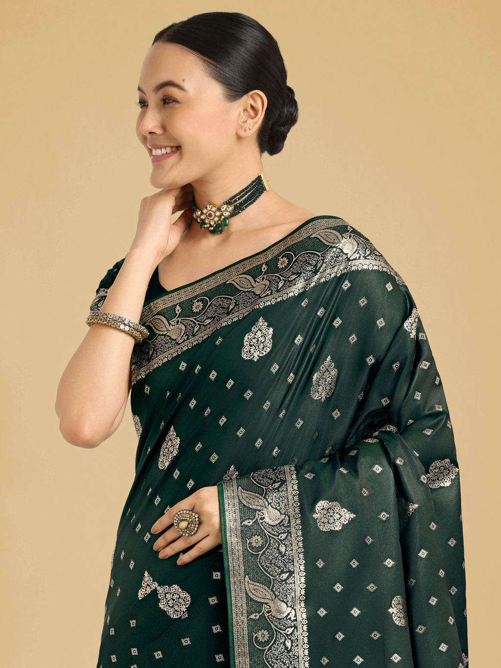 Traditional Dark Green Banarasi Satin Silk Saree with Zari Weave