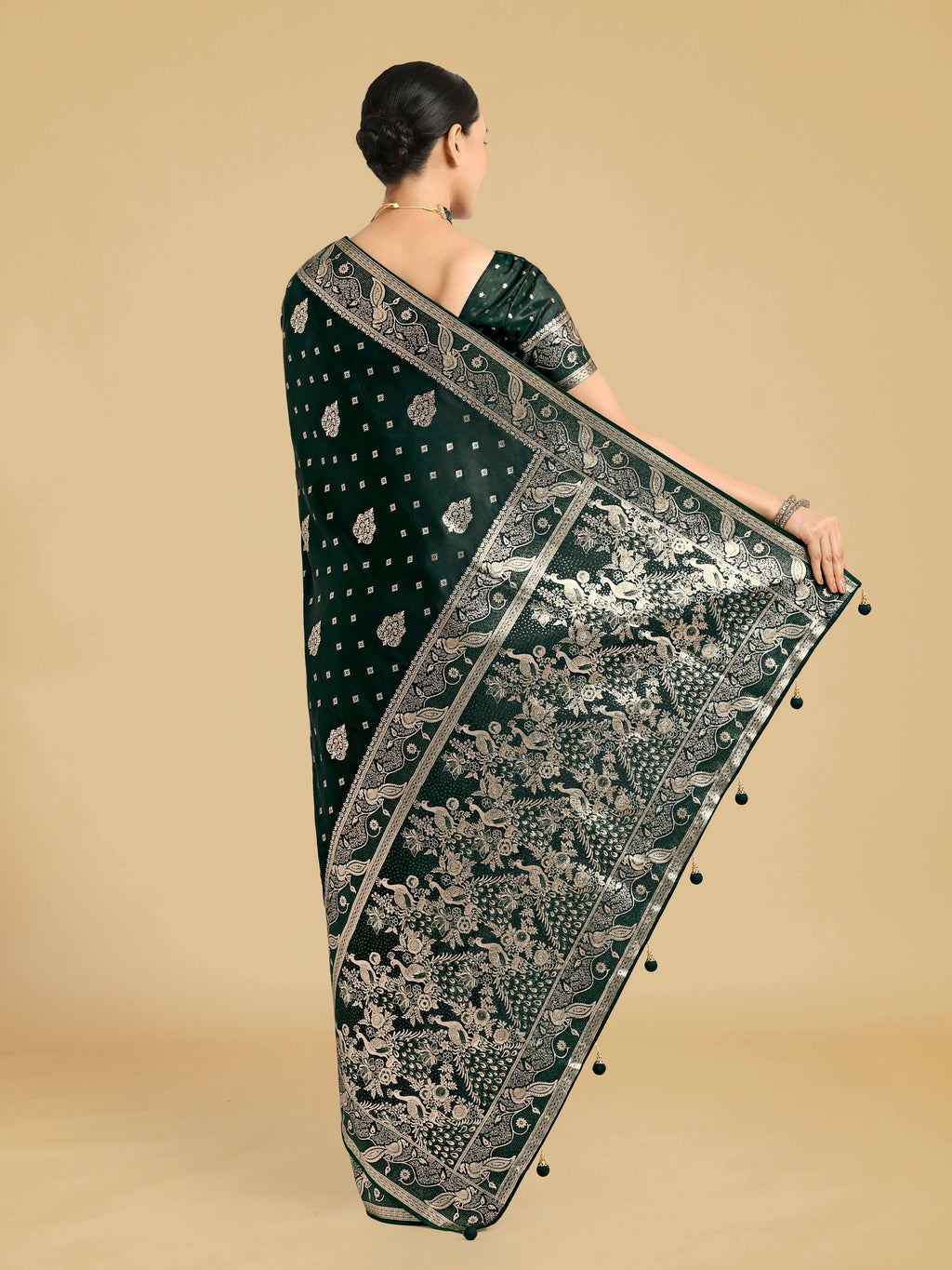 Traditional Dark Green Banarasi Satin Silk Saree with Zari Weave
