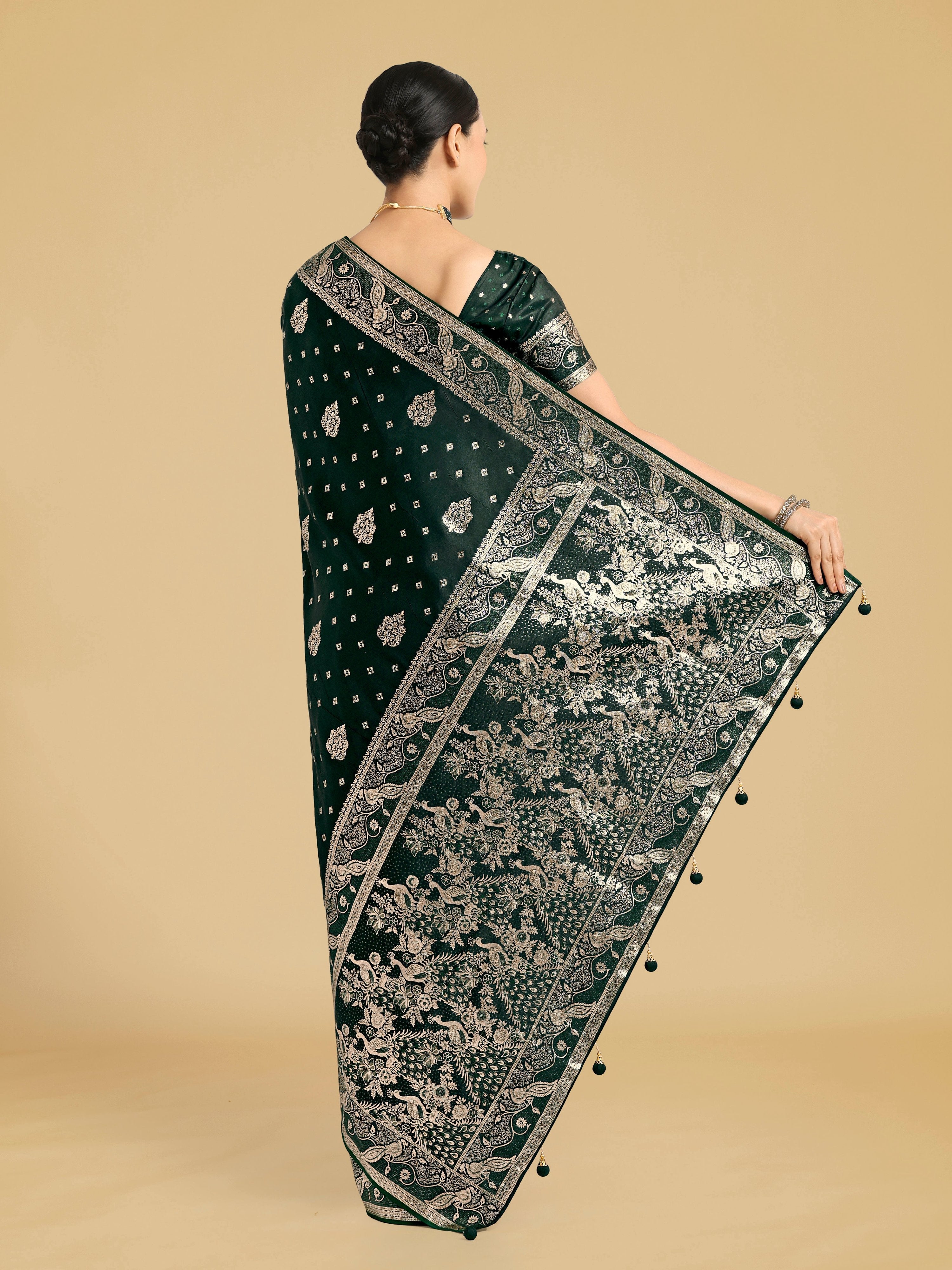 Traditional Dark Green Banarasi Satin Silk Saree with Zari Weave