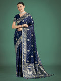 Dark Blue Banarasi Satin Silk Saree with gold zari woven patterns