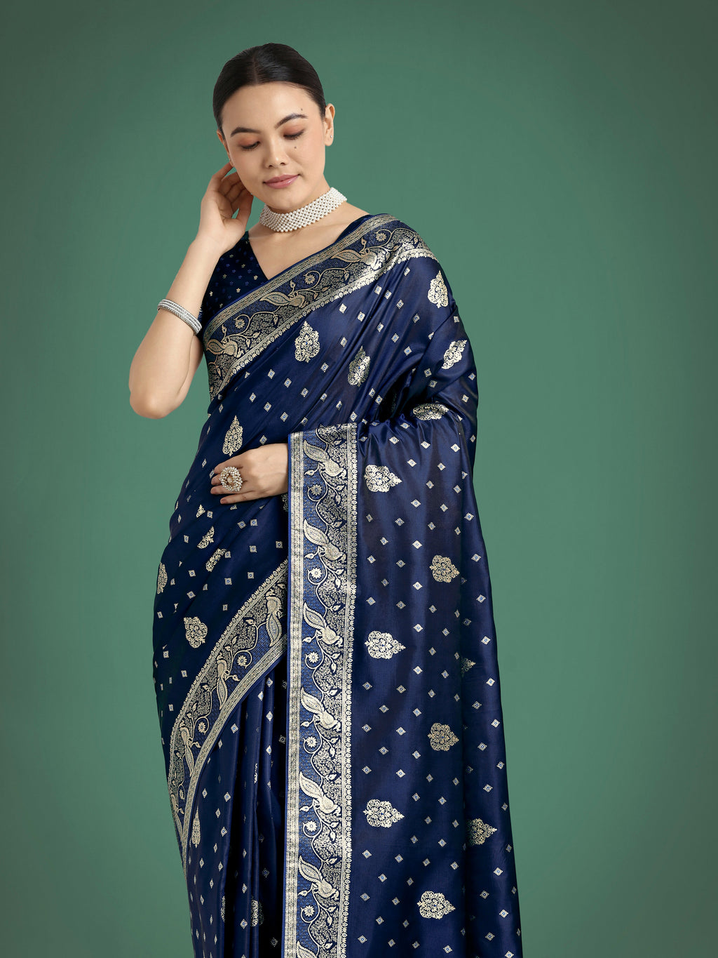 Traditional Dark Blue Banarasi Satin Silk Saree with Zari Weave