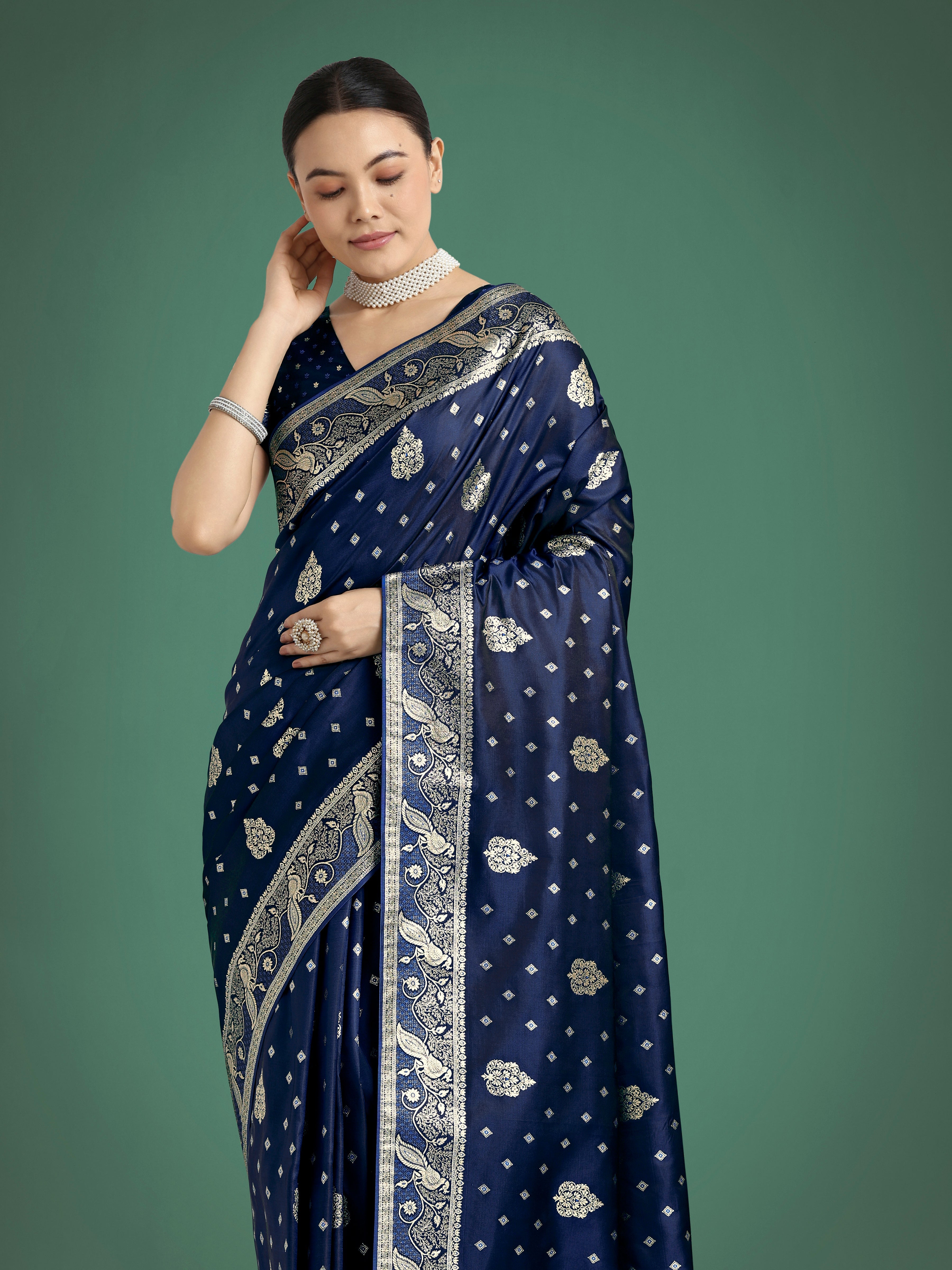 Traditional Dark Blue Banarasi Satin Silk Saree with Zari Weave