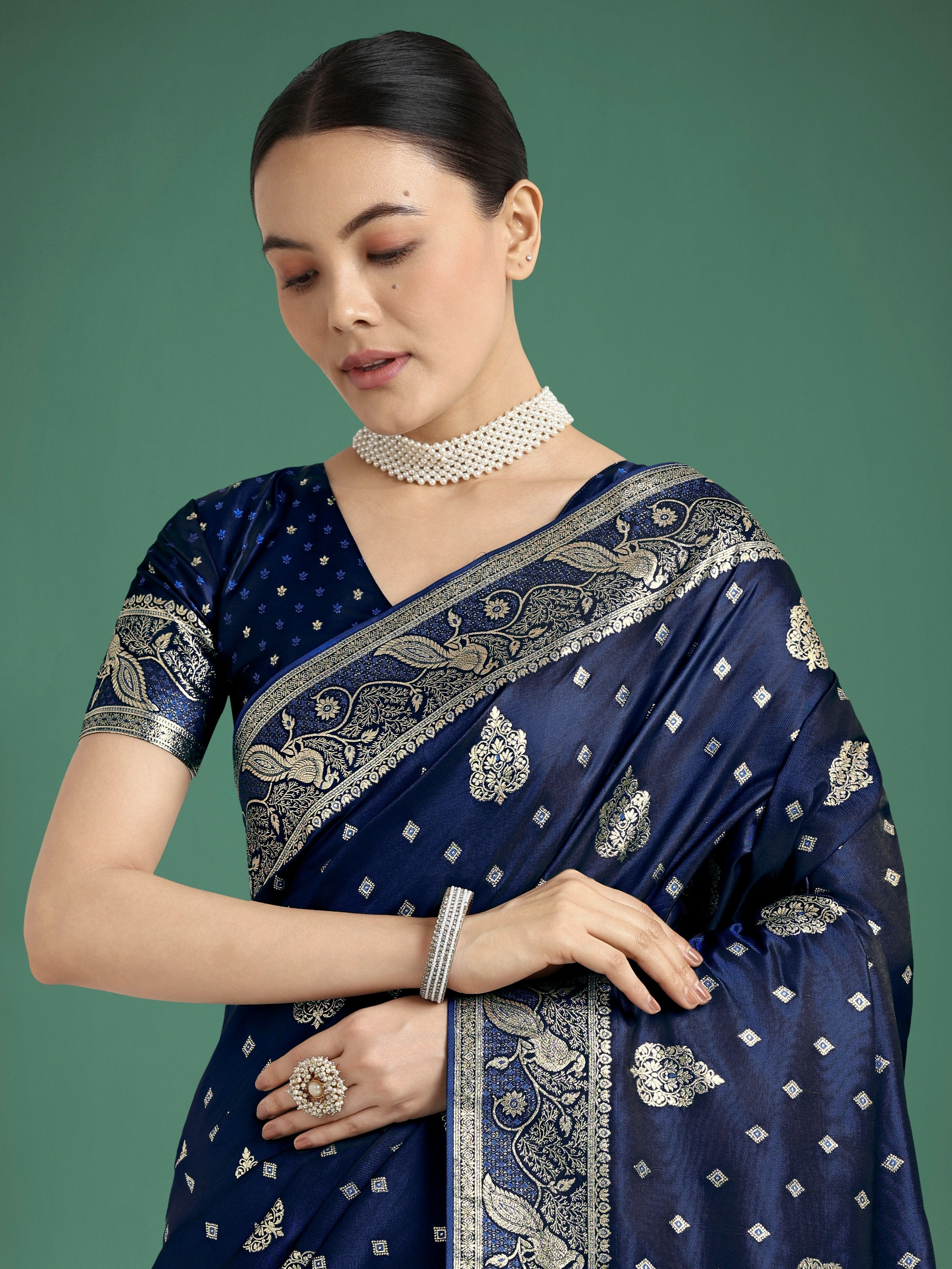 Traditional Dark Blue Banarasi Satin Silk Saree with Zari Weave