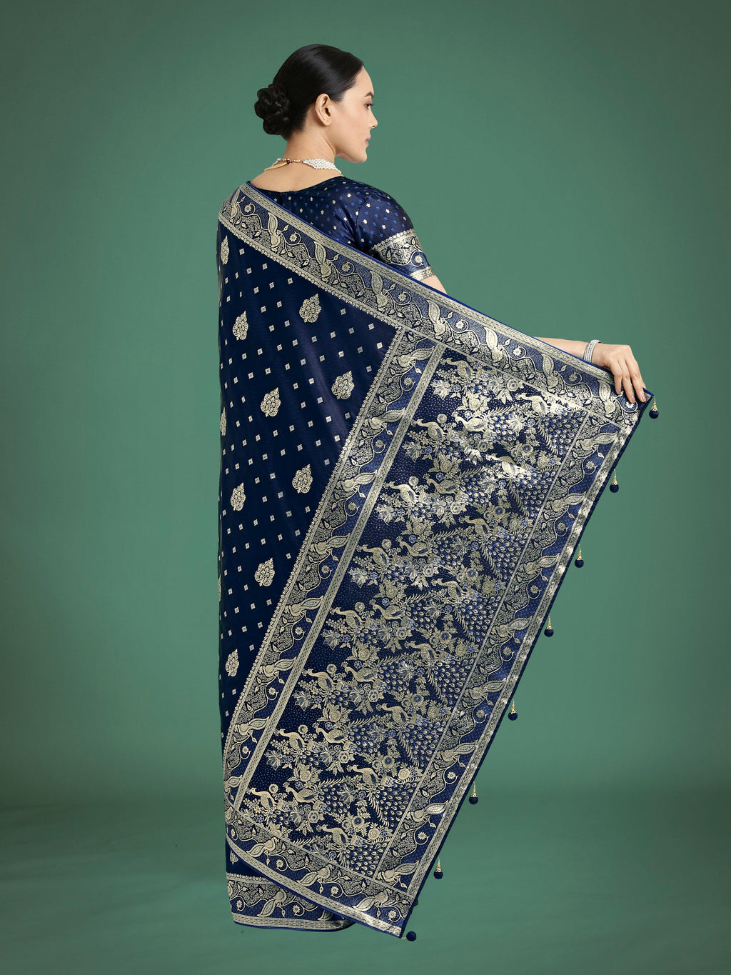 Traditional Dark Blue Banarasi Satin Silk Saree with Zari Weave