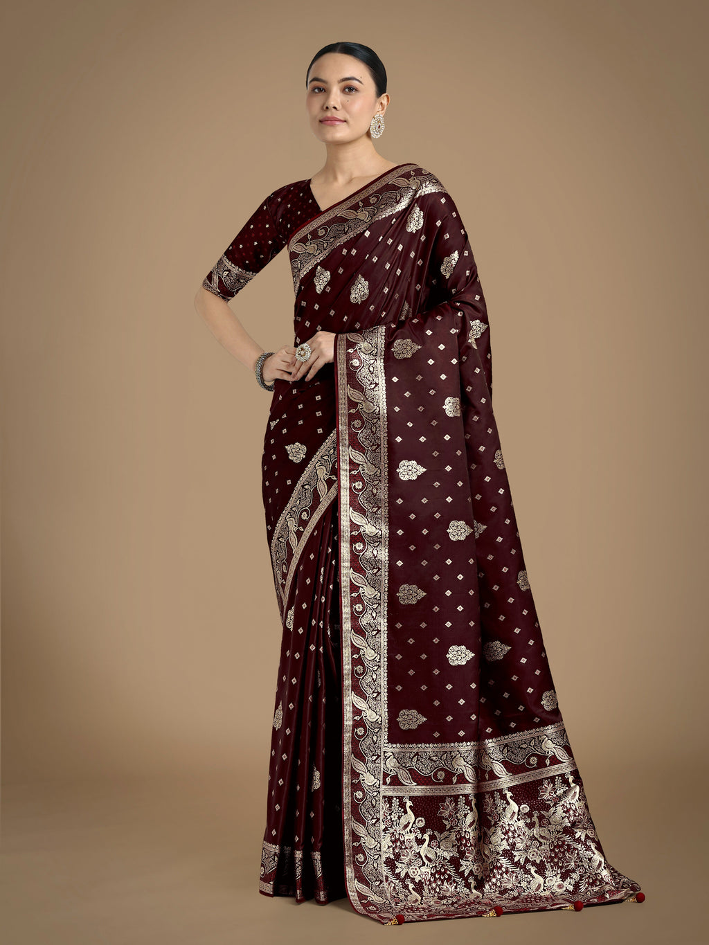 Elegant maroon Banarasi satin silk saree with gold zari woven details