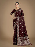 Elegant maroon Banarasi satin silk saree with gold zari woven details
