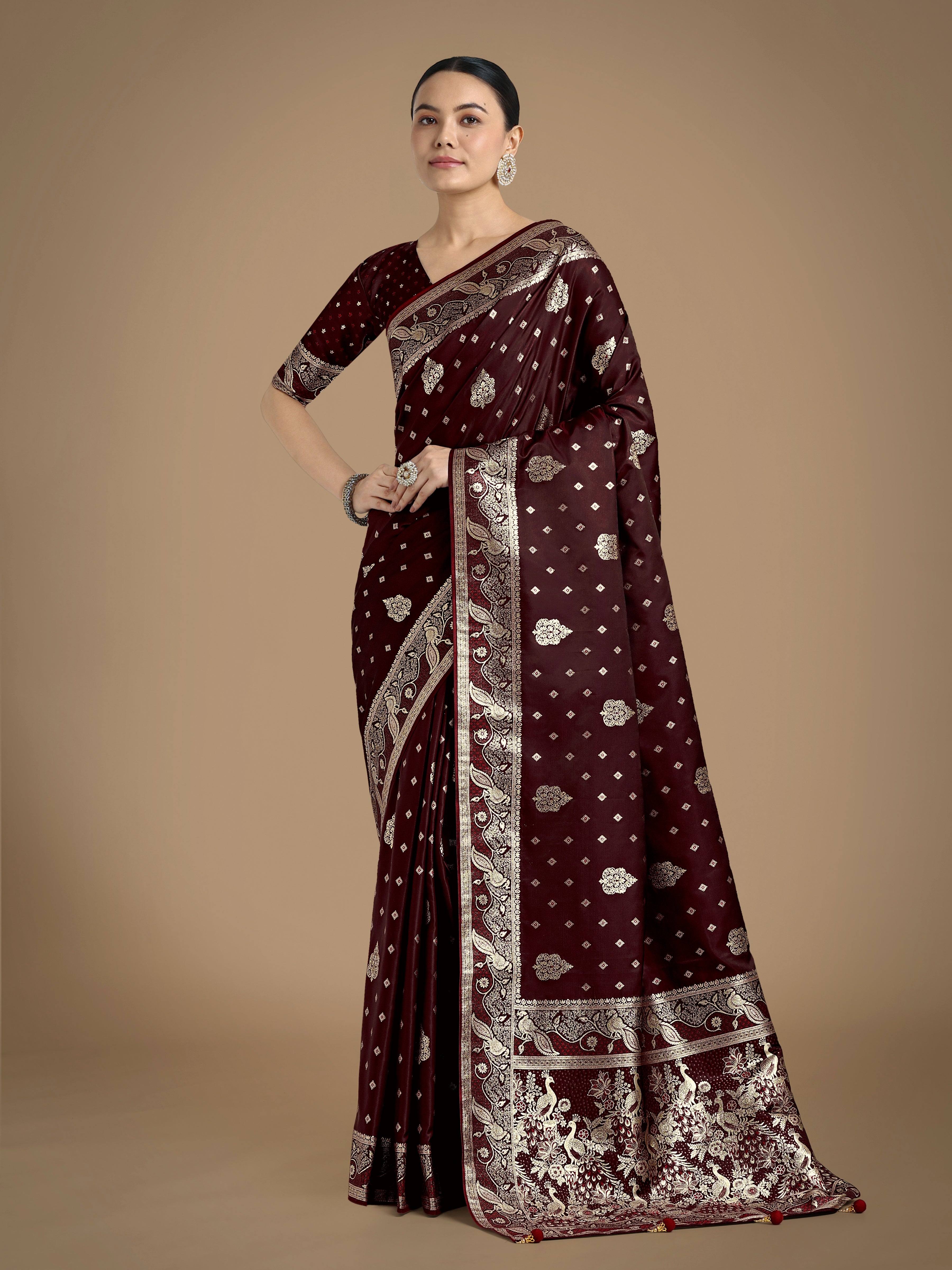 Elegant maroon Banarasi satin silk saree with gold zari woven details