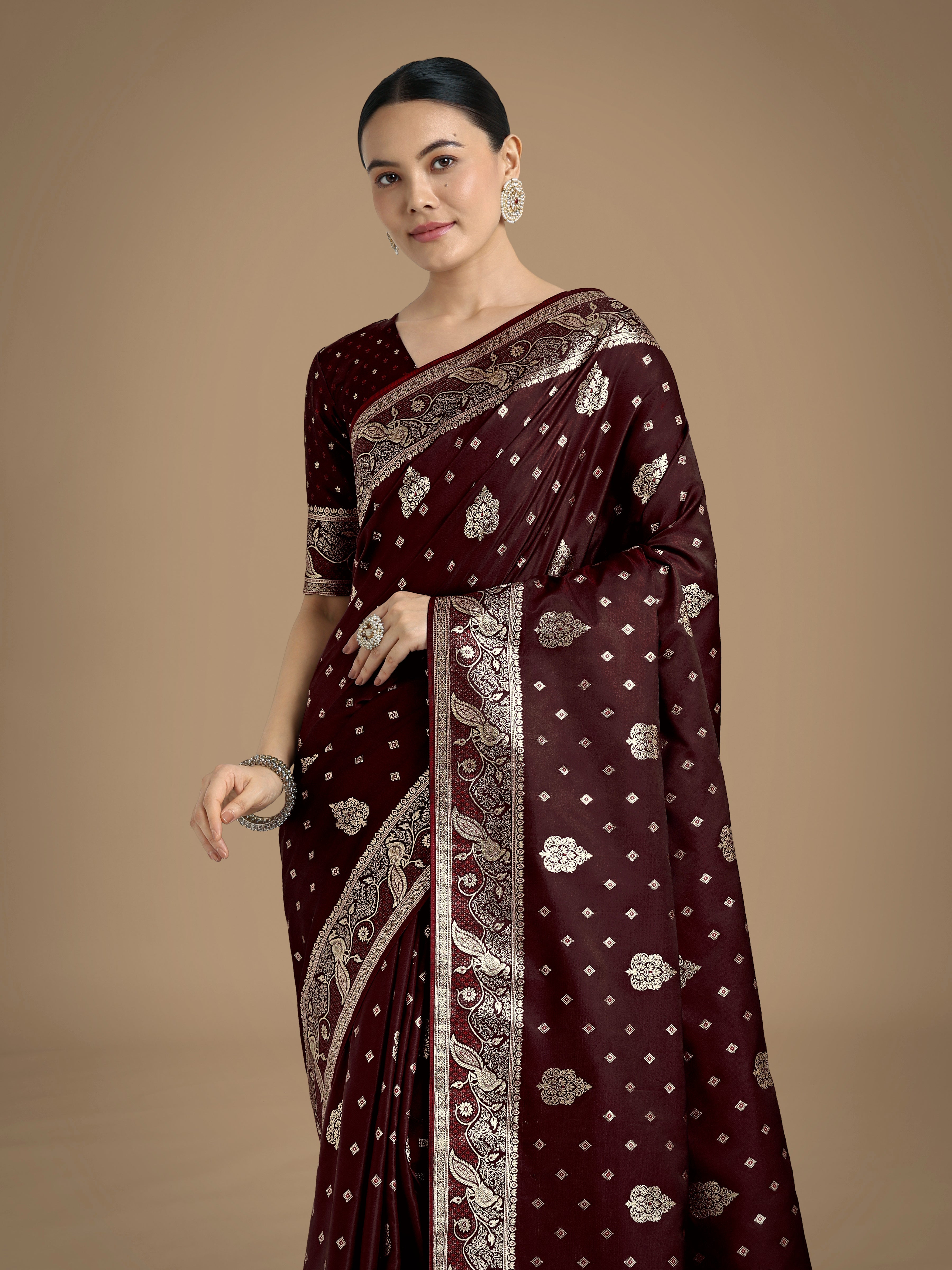 Traditional Maroon Banarasi Satin Silk Saree with Zari Woven Border