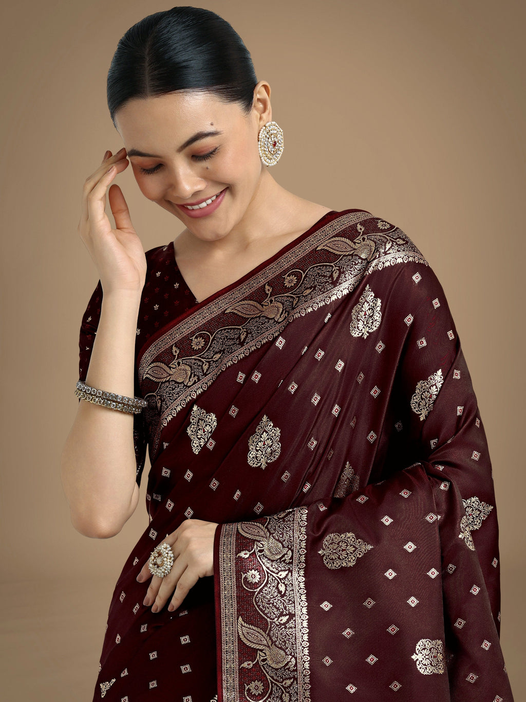 Traditional Maroon Banarasi Satin Silk Saree with Zari Woven Border