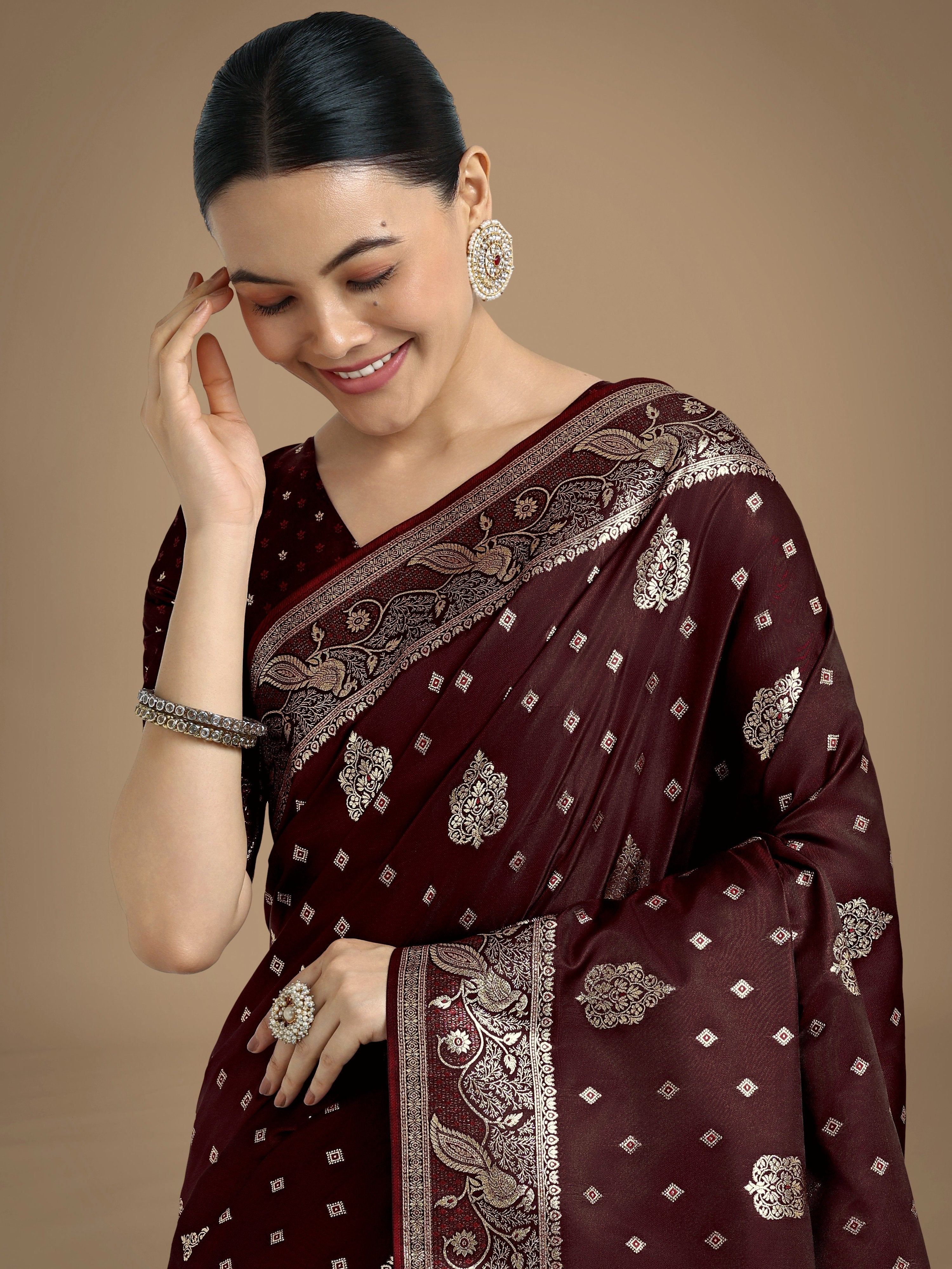 Traditional Maroon Banarasi Satin Silk Saree with Zari Woven Border