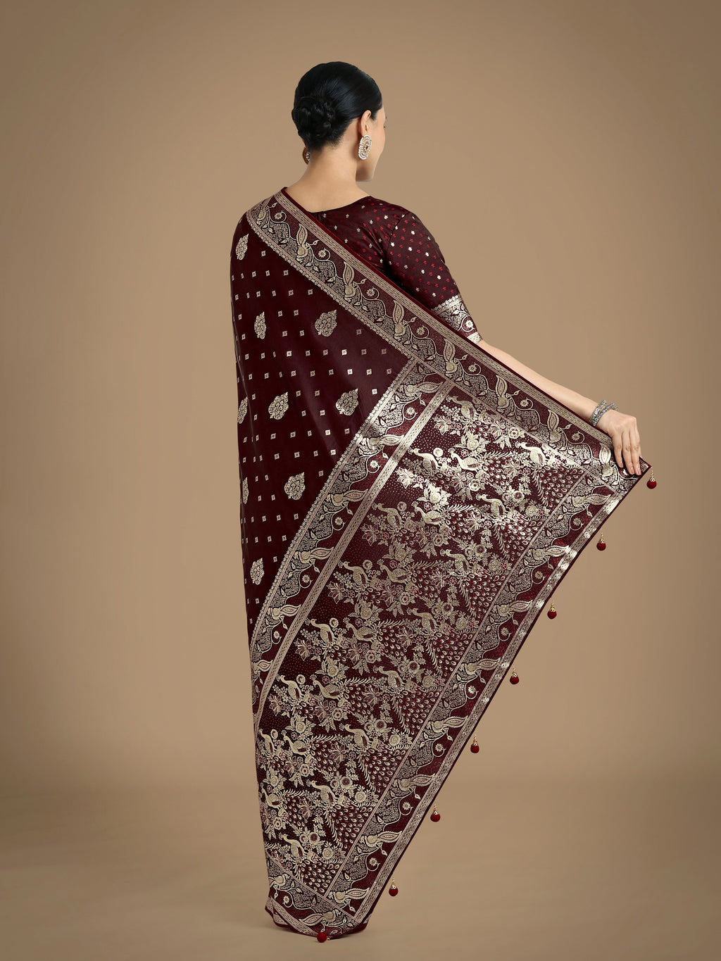 Traditional Maroon Banarasi Satin Silk Saree with Zari Woven Border