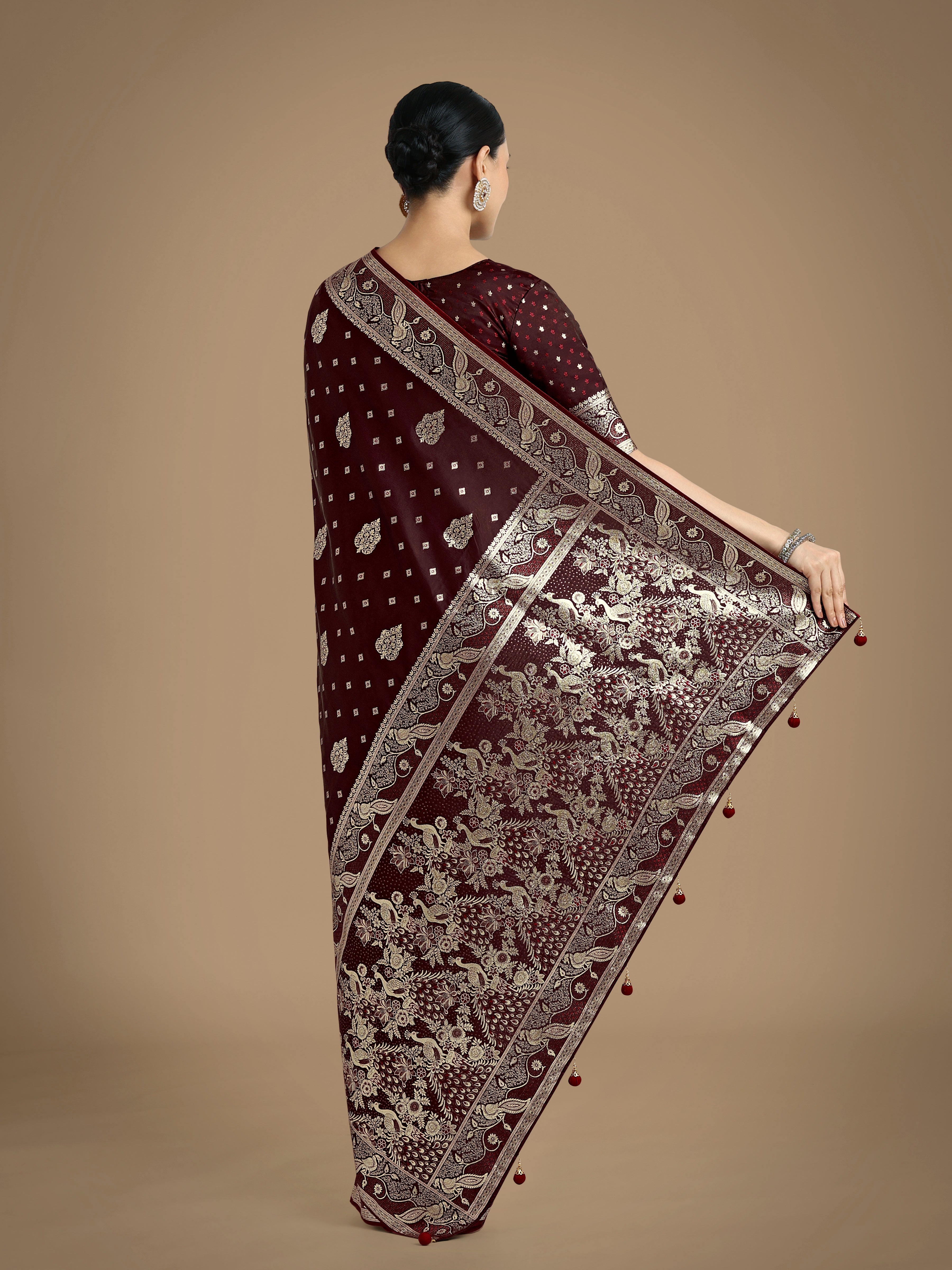 Traditional Maroon Banarasi Satin Silk Saree with Zari Woven Border