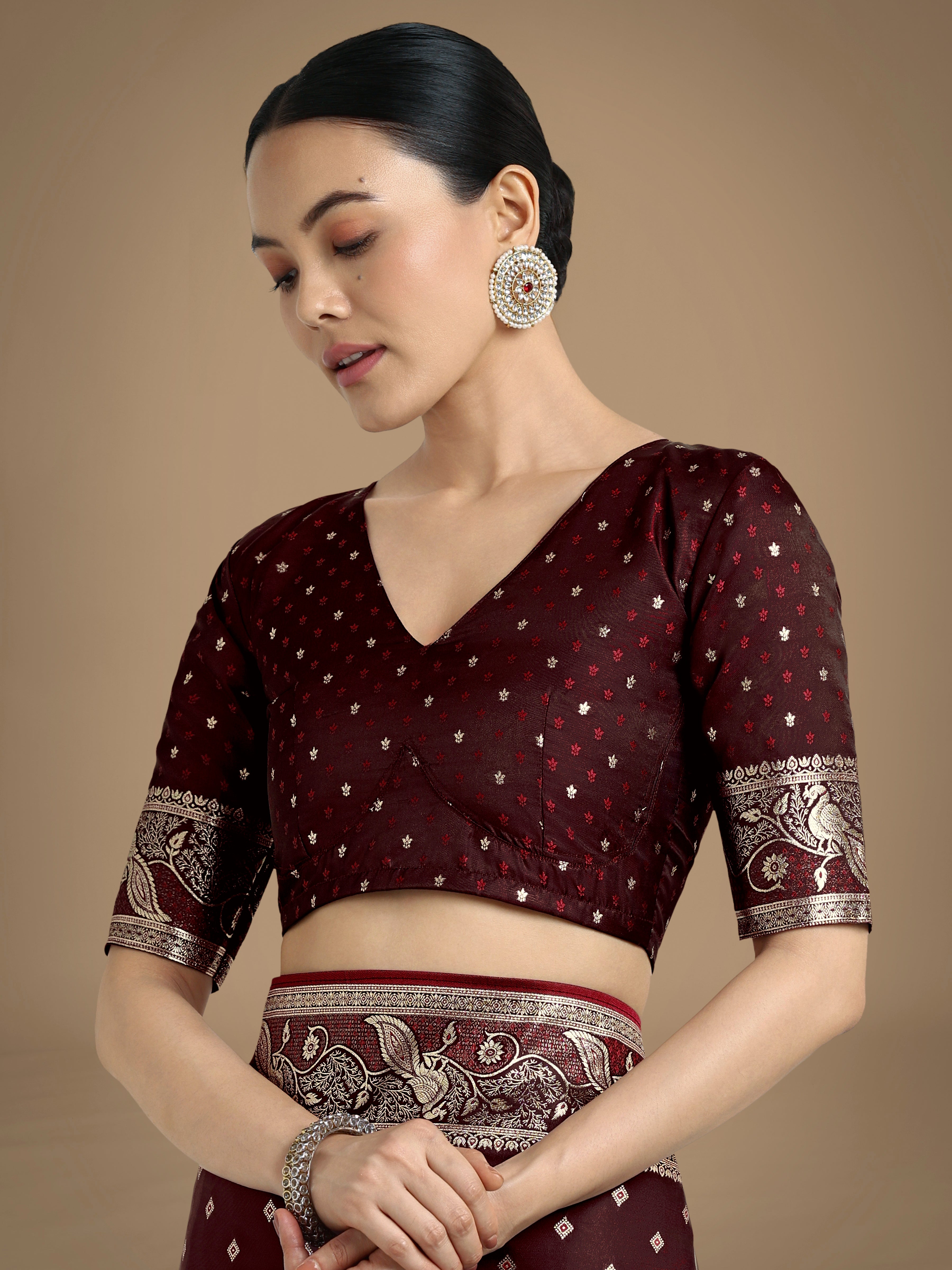 Traditional Maroon Banarasi Satin Silk Saree with Zari Woven Border