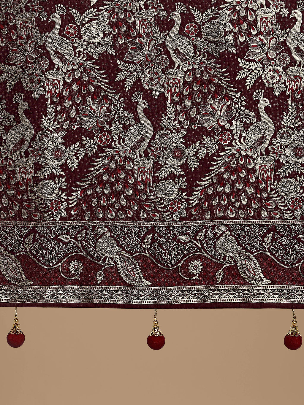 Traditional Maroon Banarasi Satin Silk Saree with Zari Woven Border