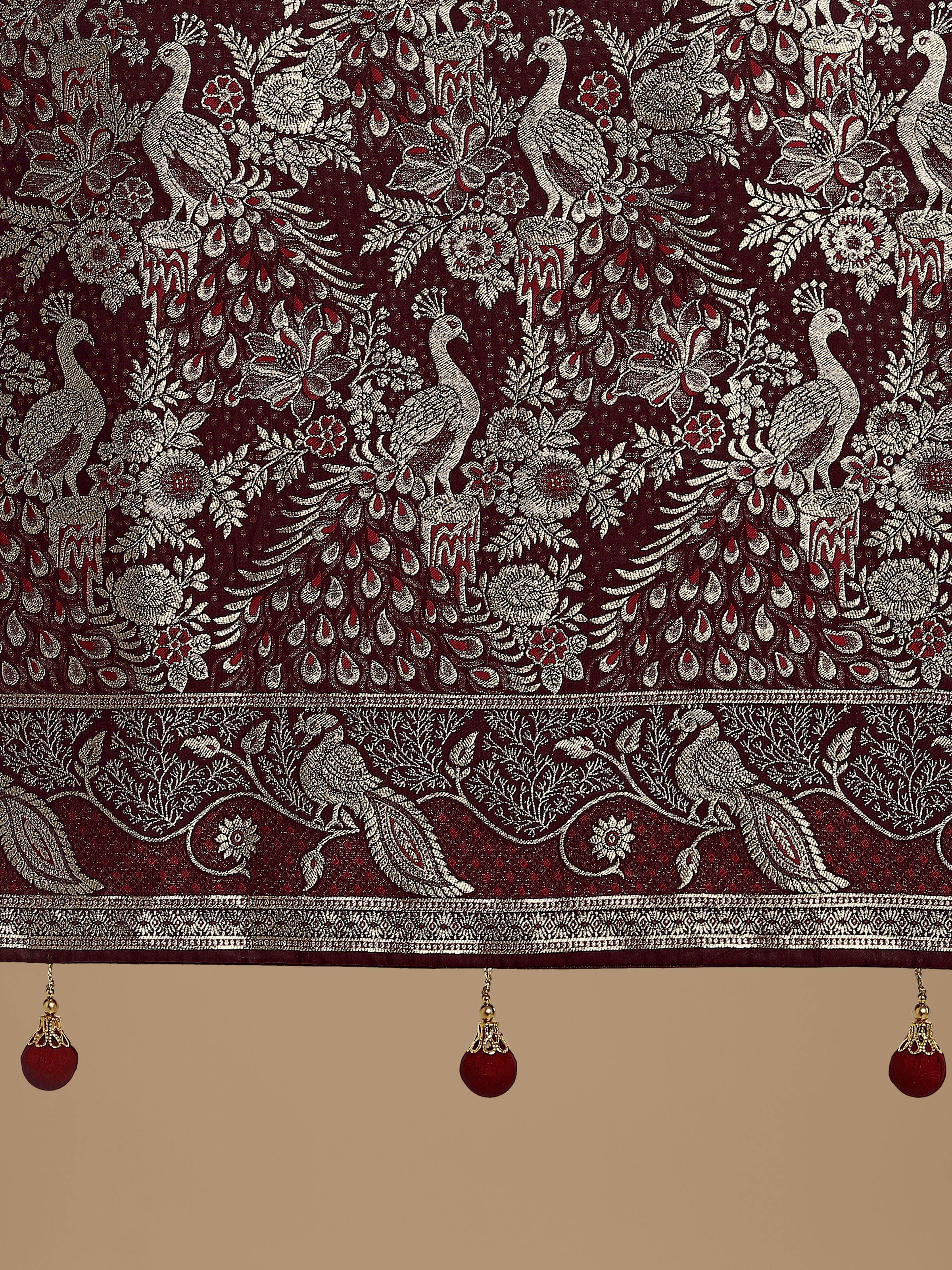 Traditional Maroon Banarasi Satin Silk Saree with Zari Woven Border