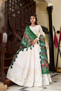 White georgette lehenga choli with intricate Lucknowi paper mirror work detail