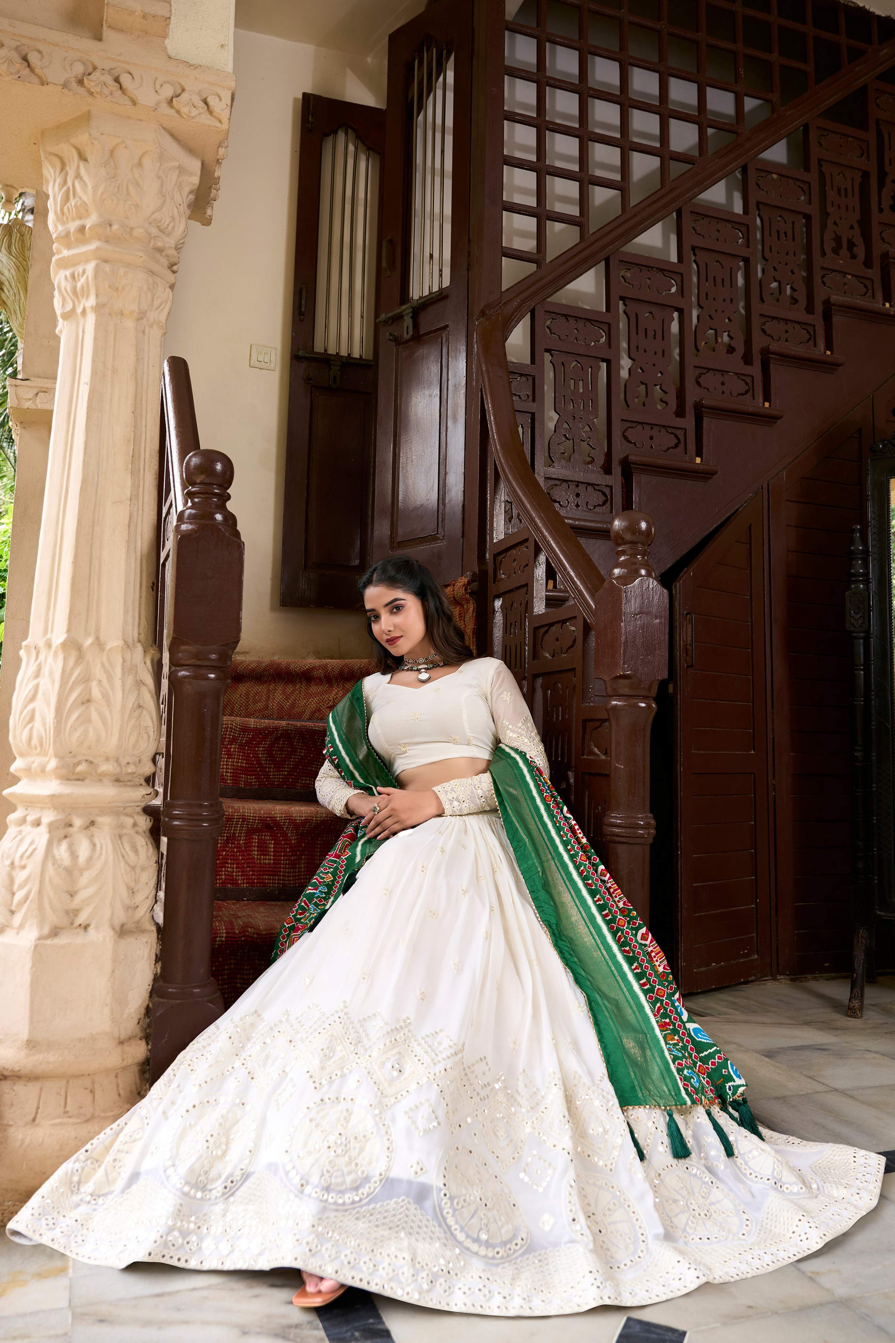 White Georgette Lucknowi Paper Mirror Work Lehenga Choli Set