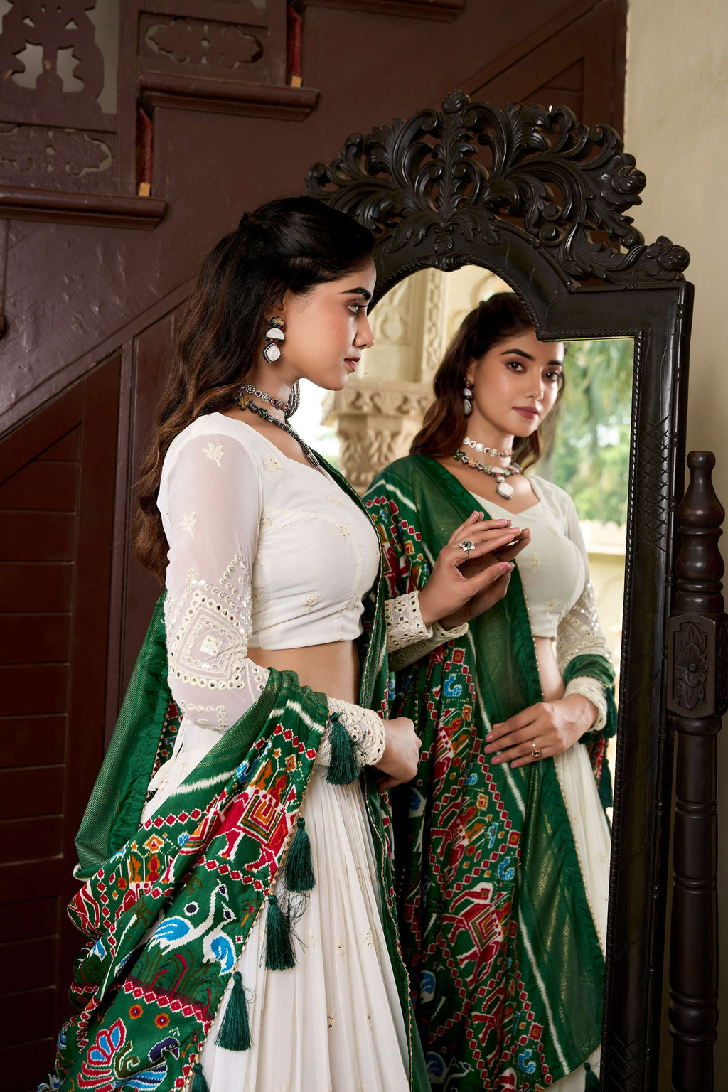 White Georgette Lucknowi Paper Mirror Work Lehenga Choli Set