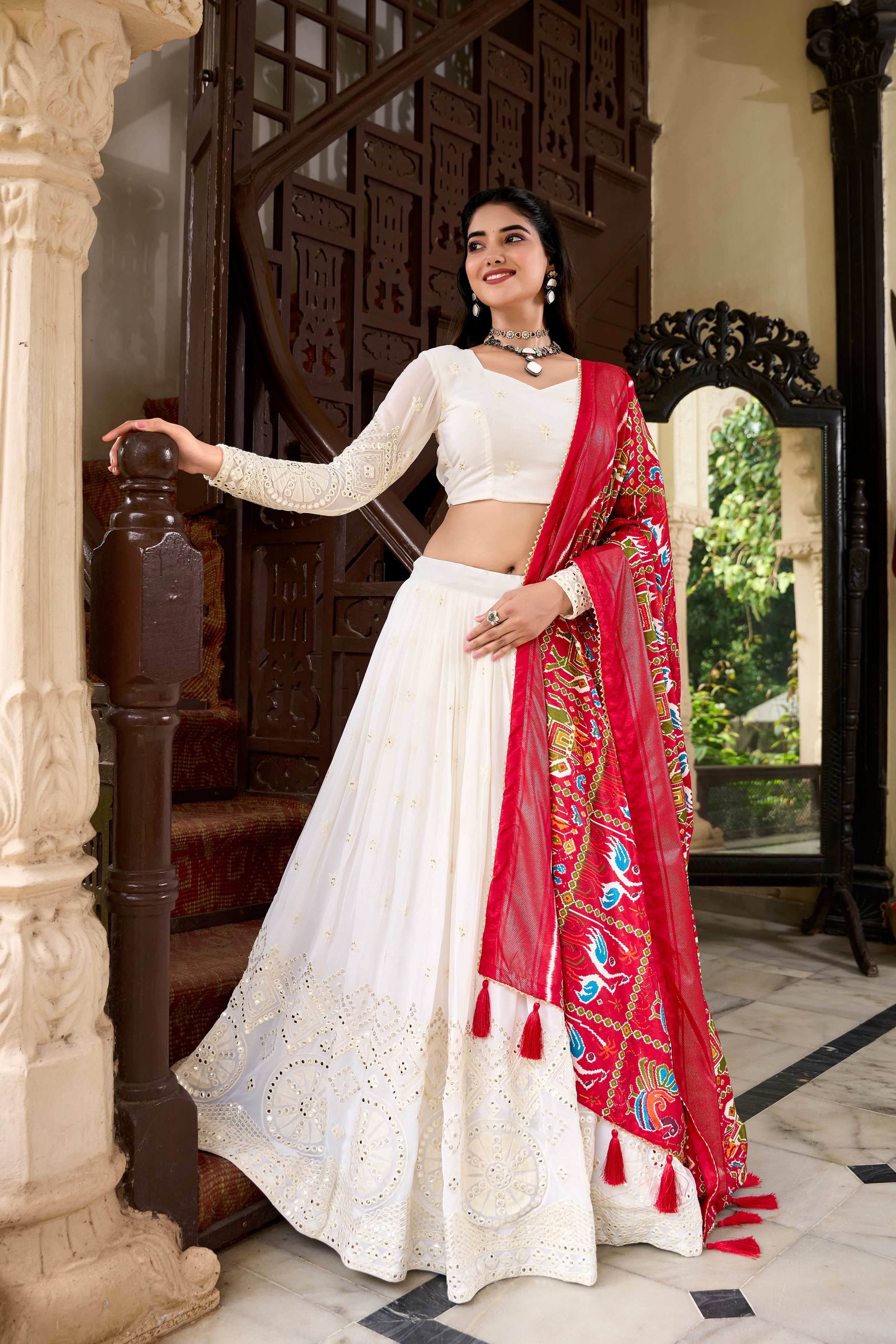White Georgette lehenga with Lucknowi paper mirror embroidery