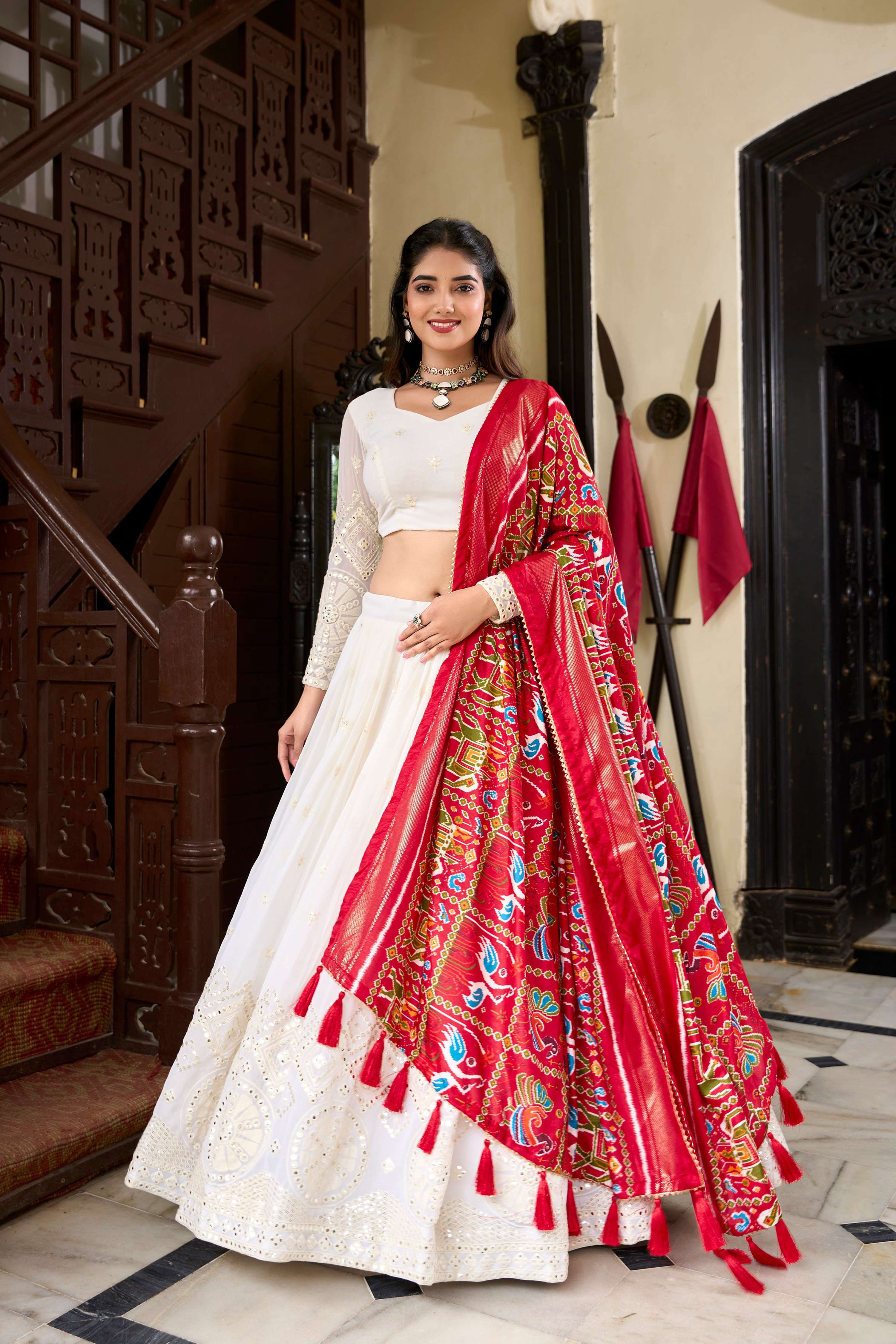 White Georgette Lucknowi Paper Mirror Work Lehenga Choli Set