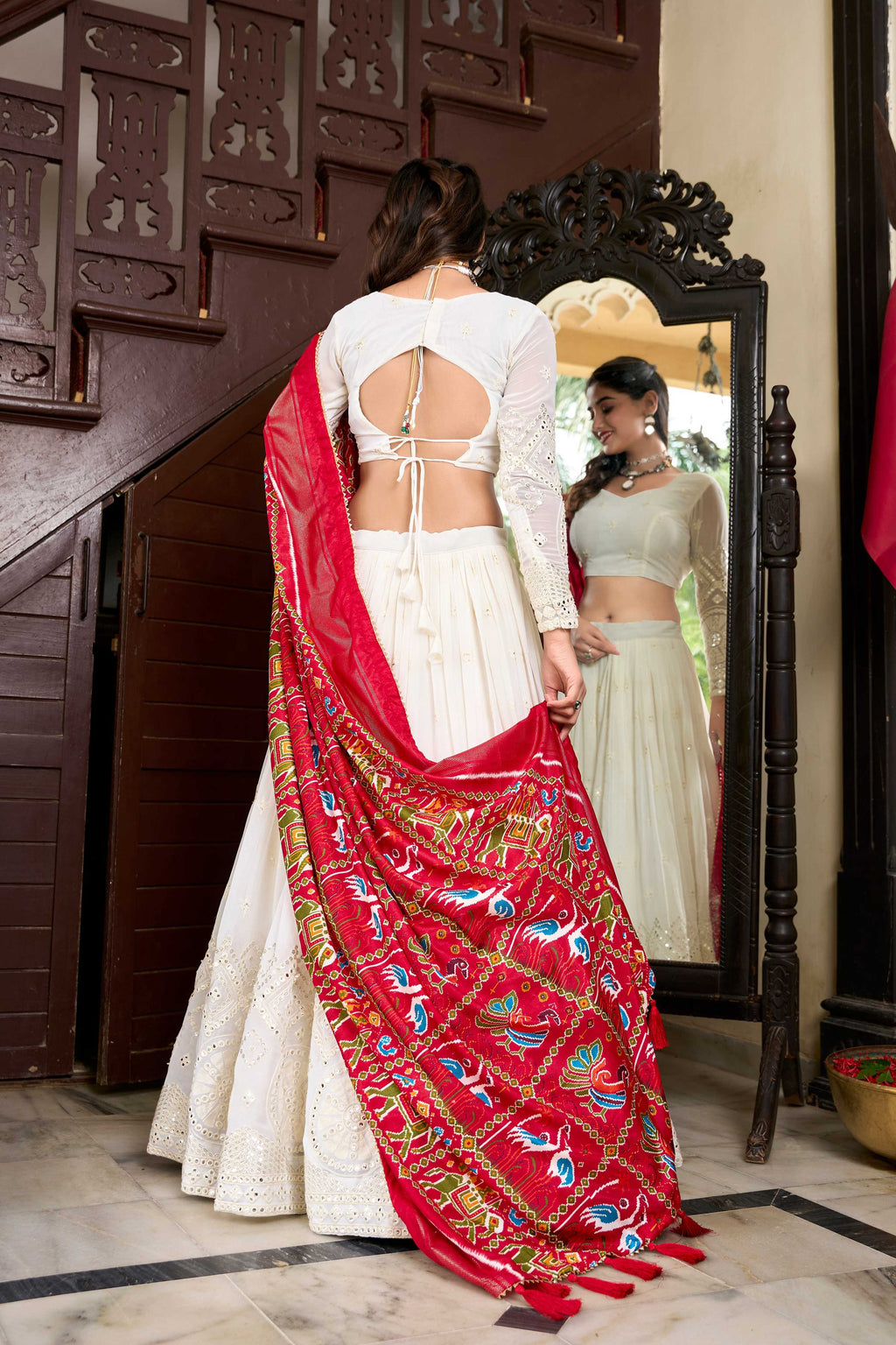 White Georgette Lucknowi Paper Mirror Work Lehenga Choli Set
