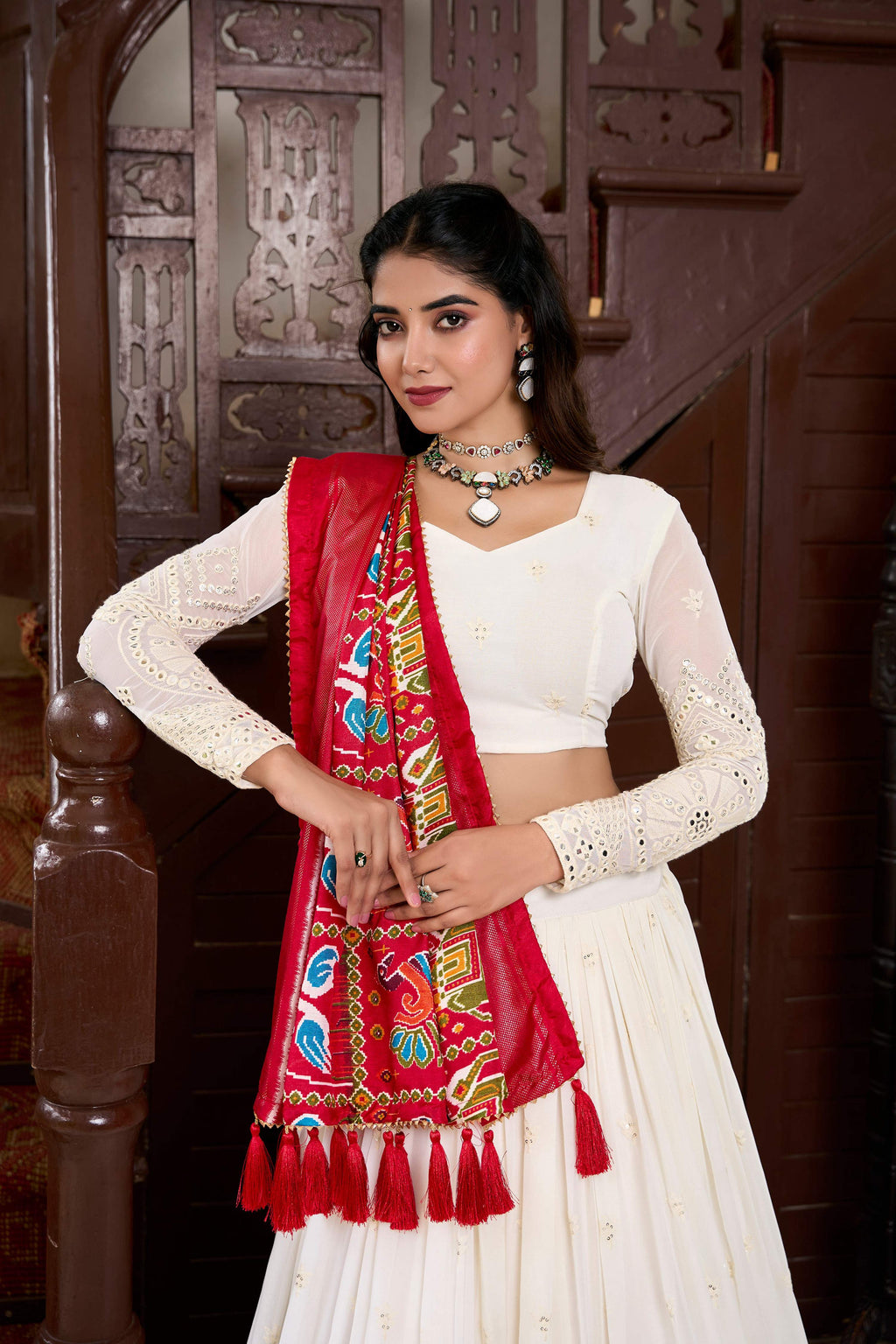 White Georgette Lucknowi Paper Mirror Work Lehenga Choli Set
