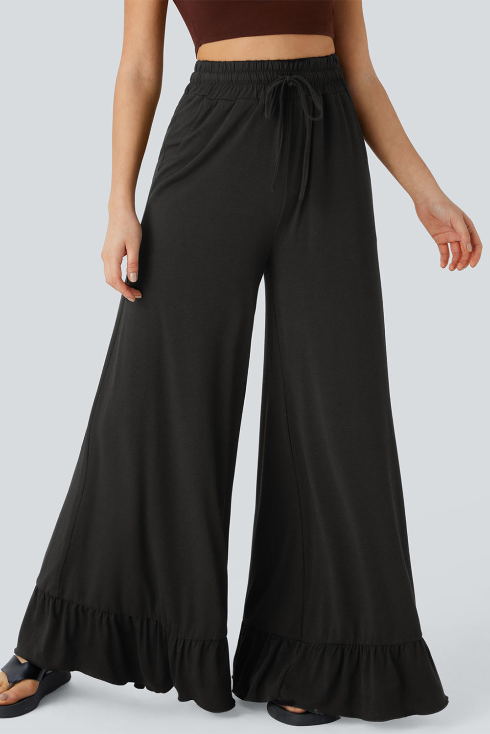 Women’s Wide Leg Knit Pants with Ruffle Hem - Relaxed Bohemian Style