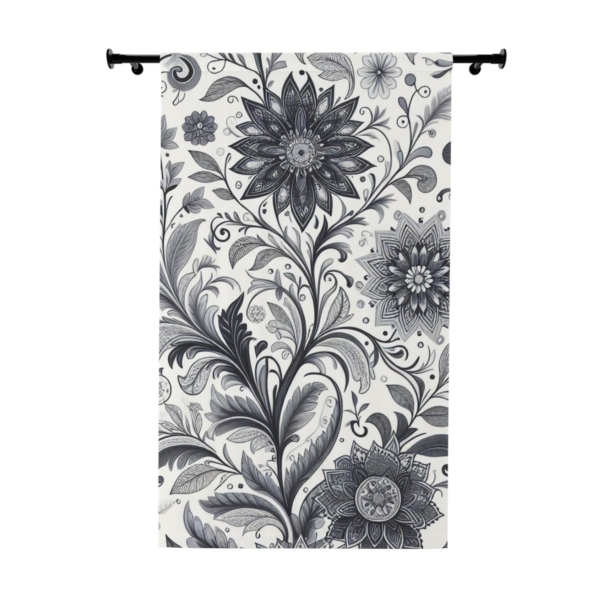Black and White Floral Window Curtains, Elegant Bedroom Drapes