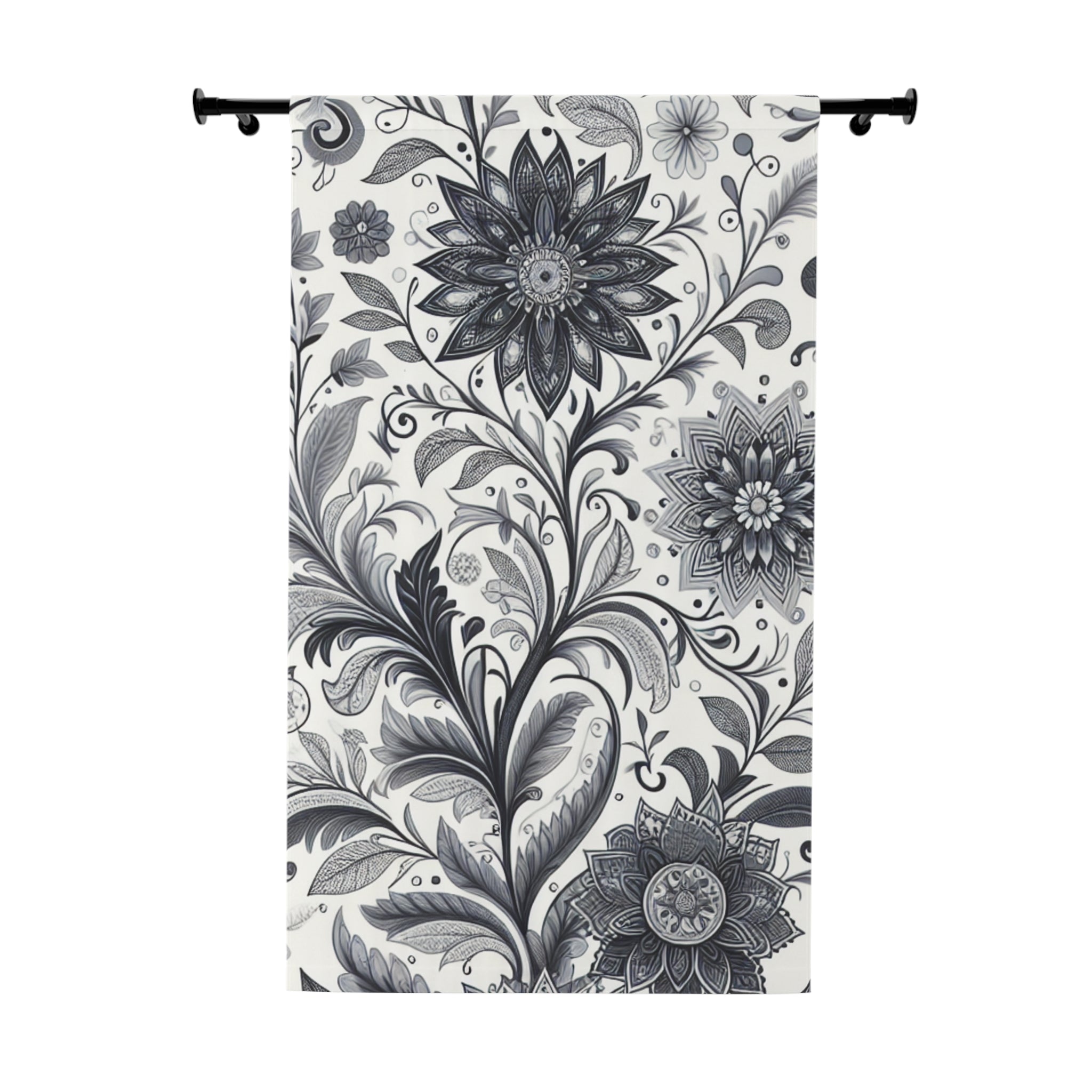 Black and White Floral Window Curtains, Elegant Bedroom Drapes