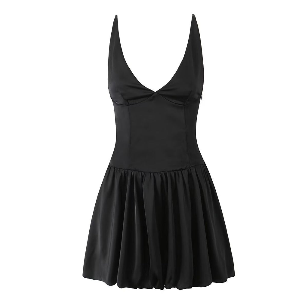 Deep V-Neck Ruched Lace-Up Mini Dress Slim Fit Backless Dress