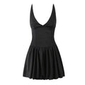 Deep V-Neck Ruched Lace-Up Mini Dress Slim Fit Backless Dress