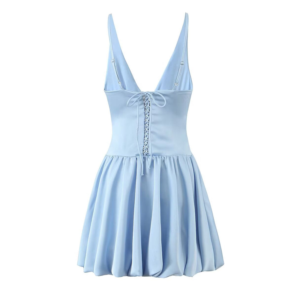 Deep V-Neck Ruched Lace-Up Mini Dress Slim Fit Backless Dress