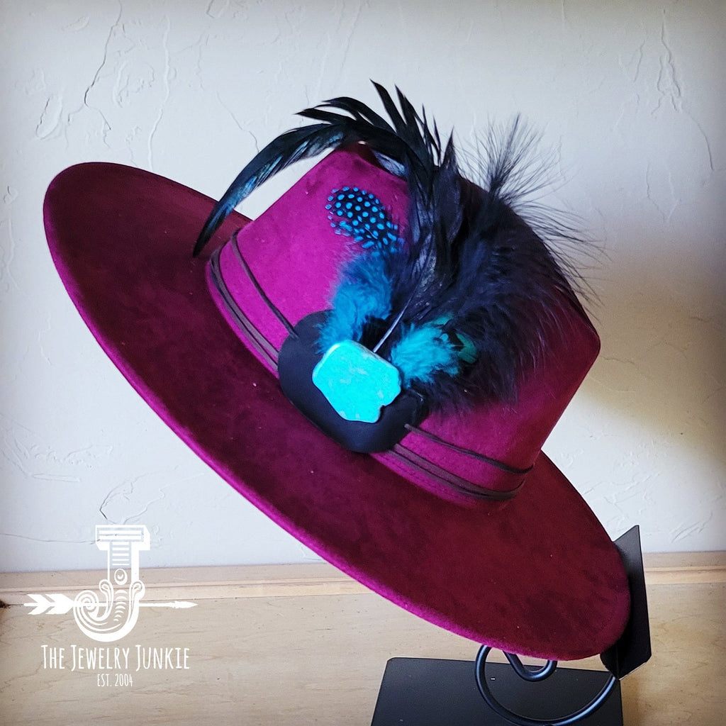 Blue Spotted Feather & Turquoise Slab Hat Band with Felt Hat