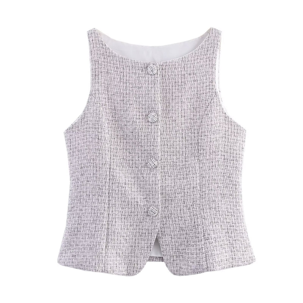 Women Clothing Tweed Sleeveless Vest Half Length Skirt Outfit