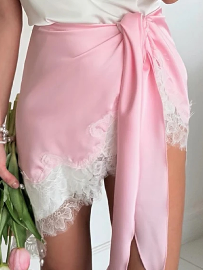 Women Clothing Graceful Lace Stitching Triangle Fart Curtain Lace up Skirt Four Colors