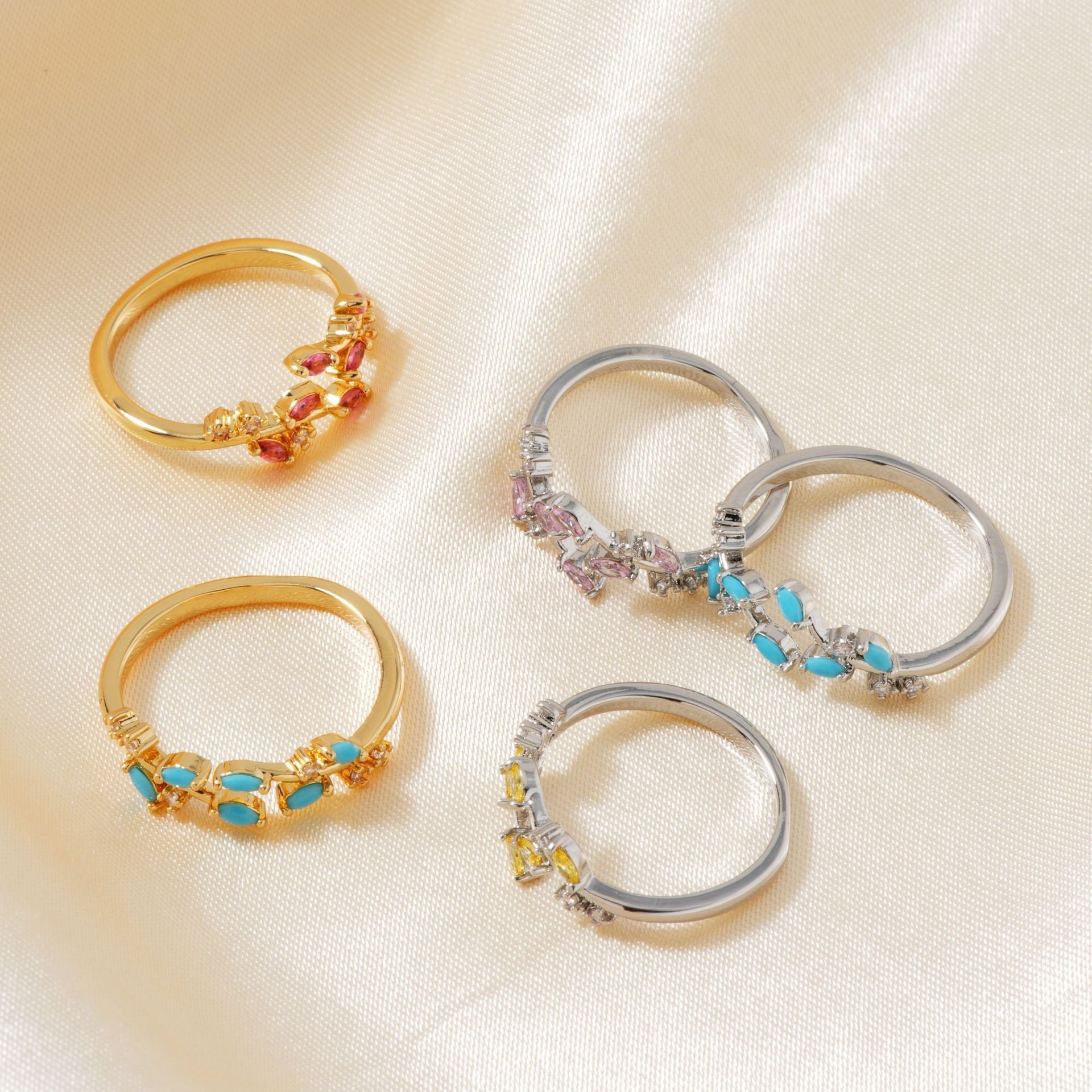 Bohemian Leaf Ring with Zircon Inlay, Nature-Inspired Jewelry