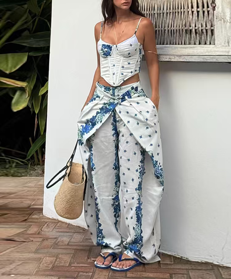 Women Clothing Summer Blue White Porcelain Positioning Printing Top Blue White Porcelain Positioning Printing Trousers