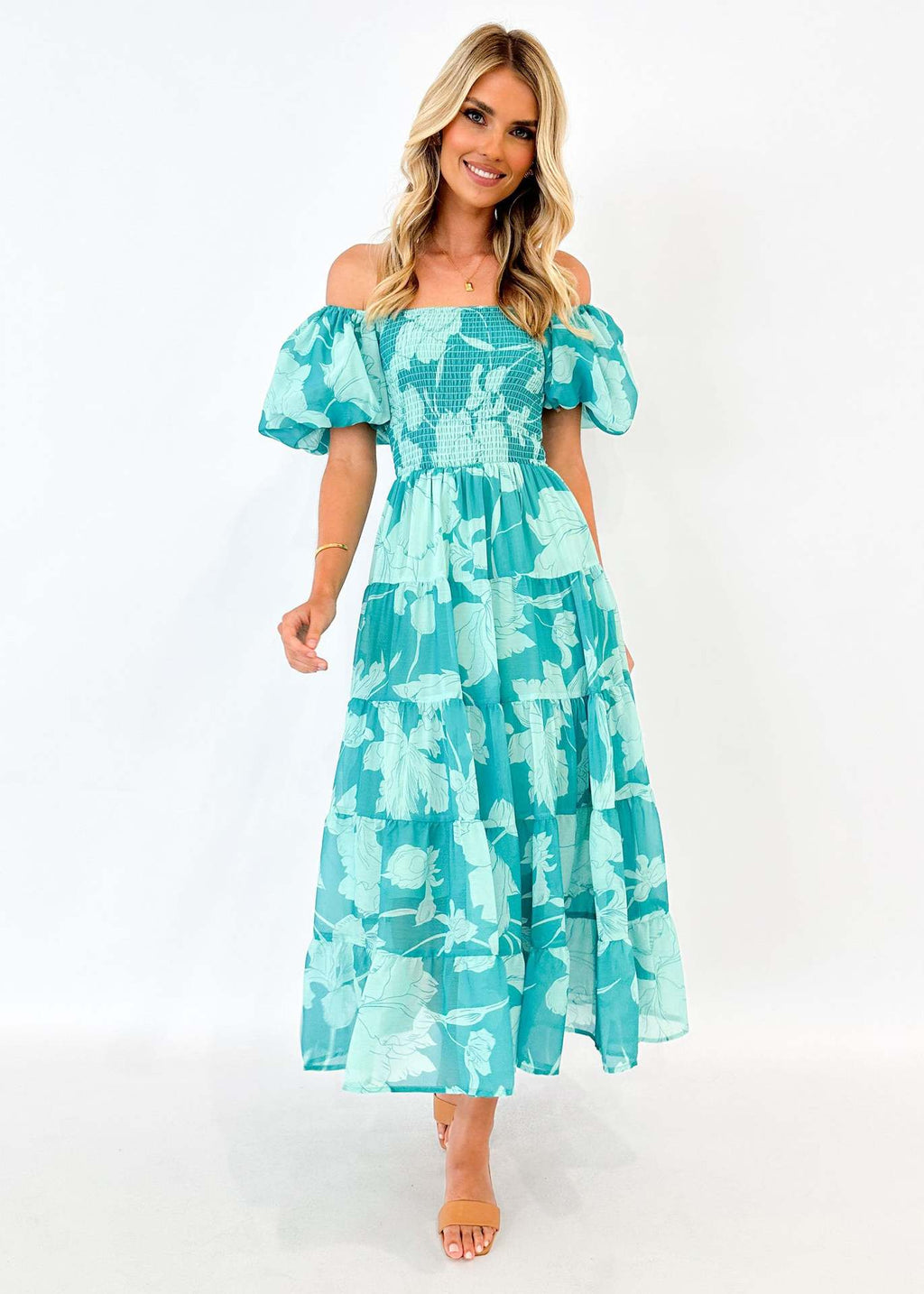 Summer Women Clothing off Neck Chiffon Puff Sleeve Layered Waist Trimming Printing Dress