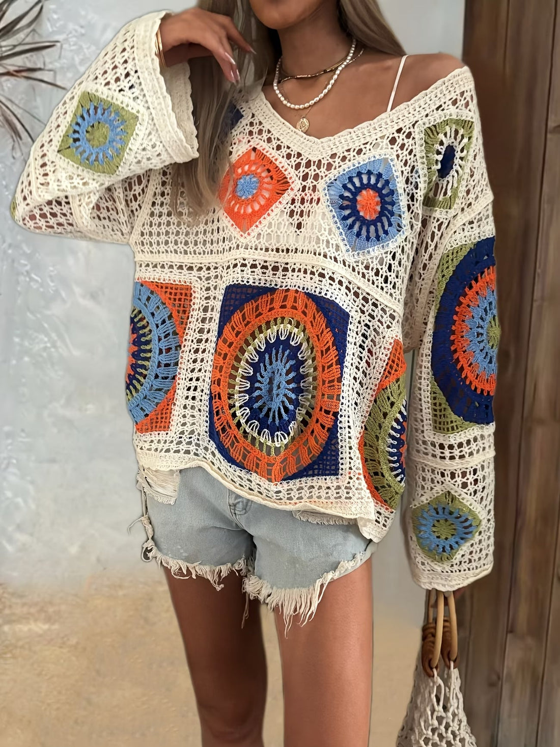 Multi Pattern Crochet V-Neck Sweater Long Sleeve Boho Knit Top
