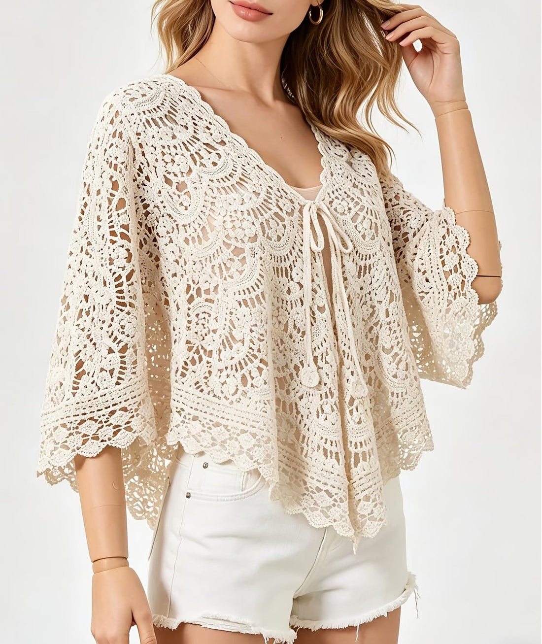 Women Hollow Embossed Hook Pattern V-Neck Shawl Style Knit Top