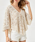 Women Hollow Embossed Hook Pattern V-Neck Shawl Style Knit Top