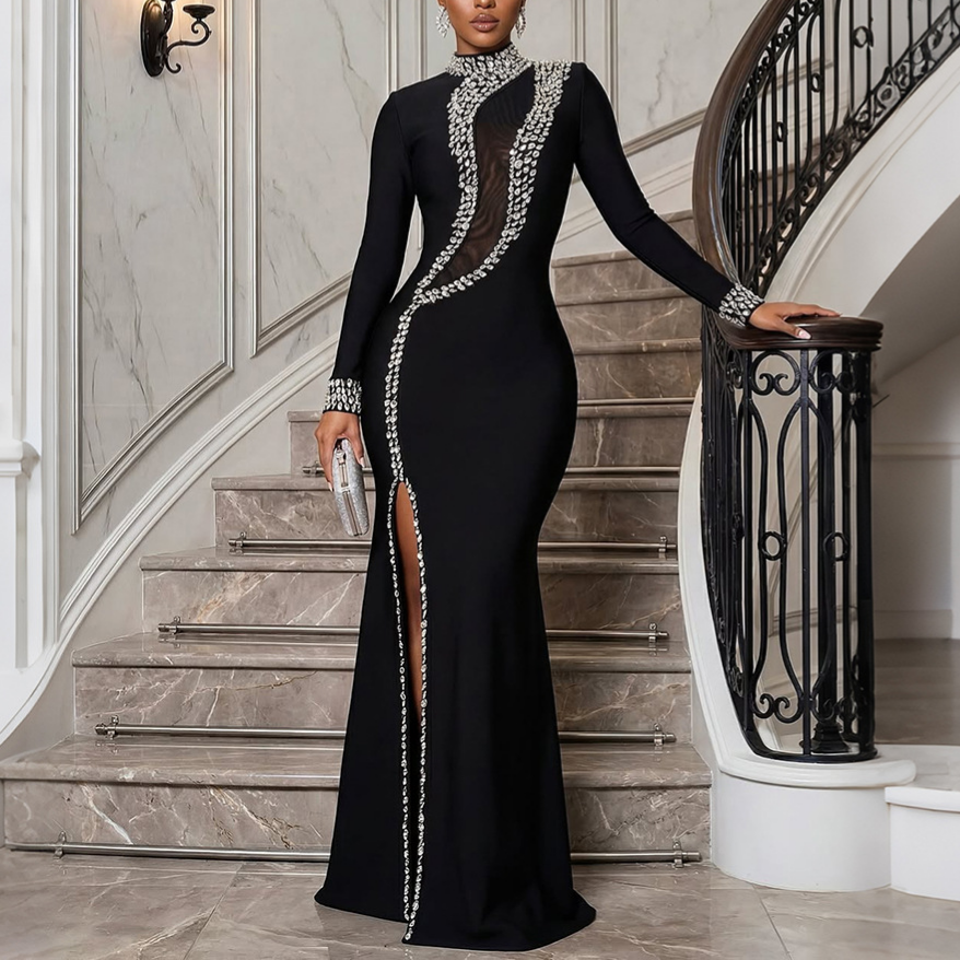 High collar long-sleeve sheath dress with rhinestone embellishments and side split
