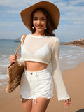 Boho Hollow Out Cropped Long Sleeve Sweater - White Knit Pullover