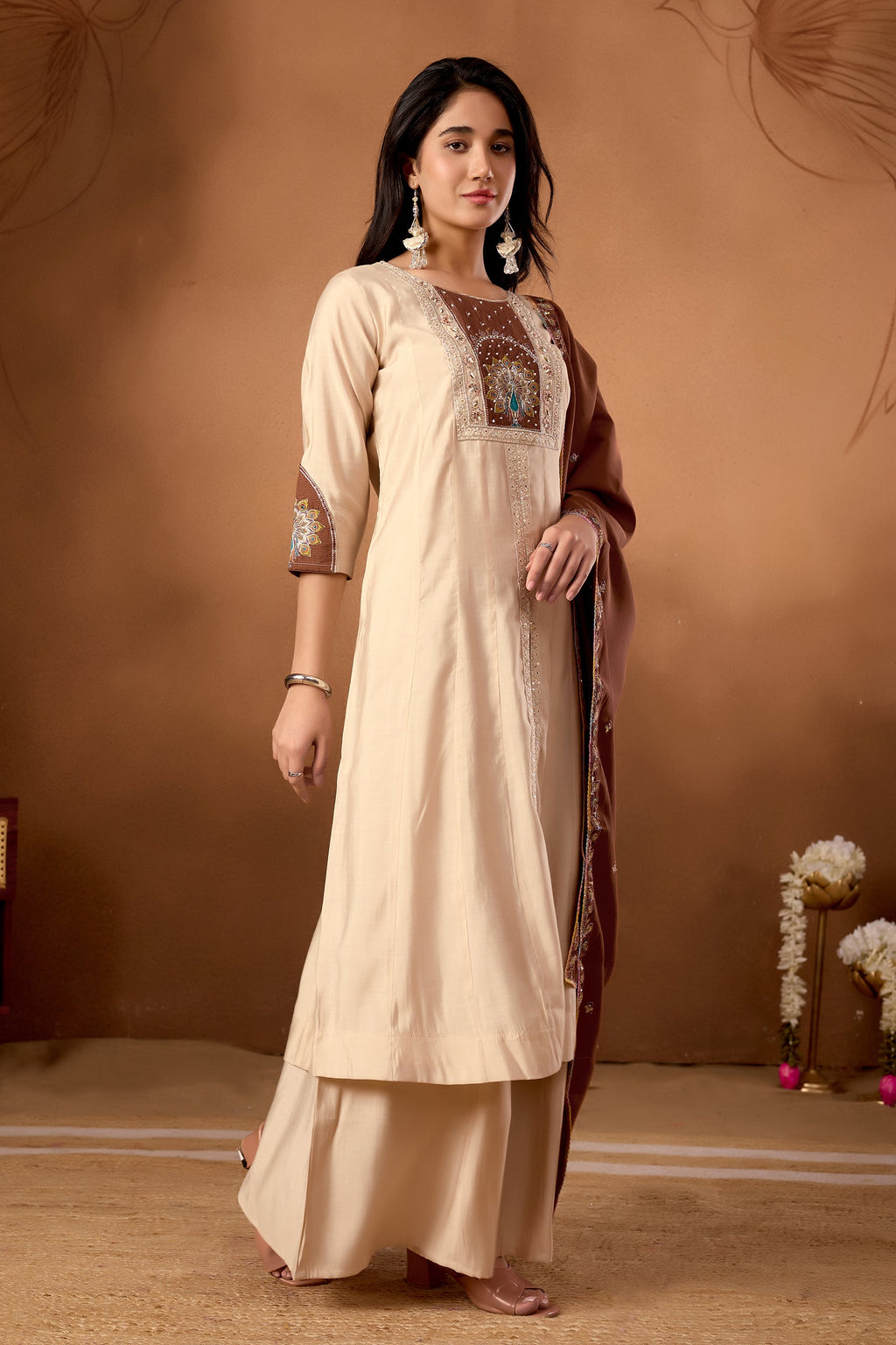 Cream Roman Silk Kurta Set with Multi Embroidery and Hand Work