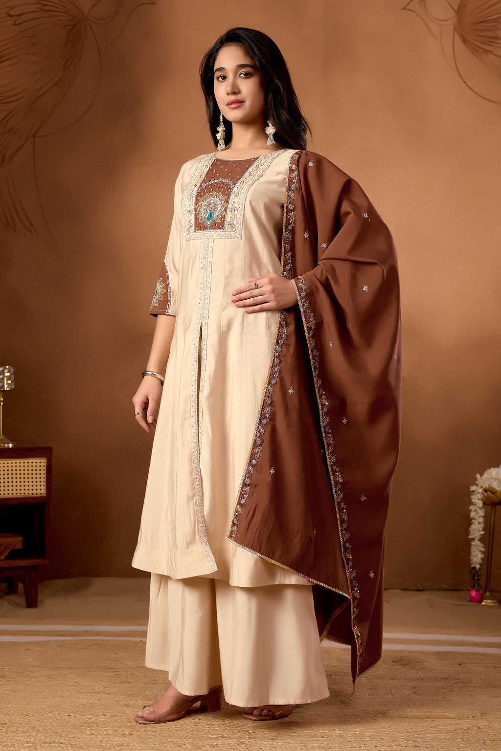 Cream Roman Silk Kurta Set with Multi Embroidery and Hand Work