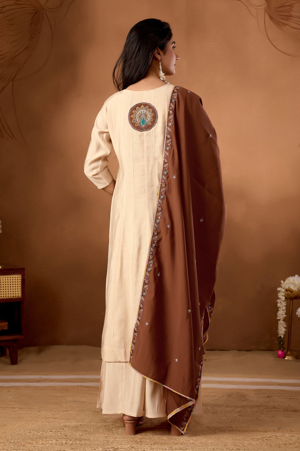 Cream Roman Silk Kurta Set with Multi Embroidery and Hand Work
