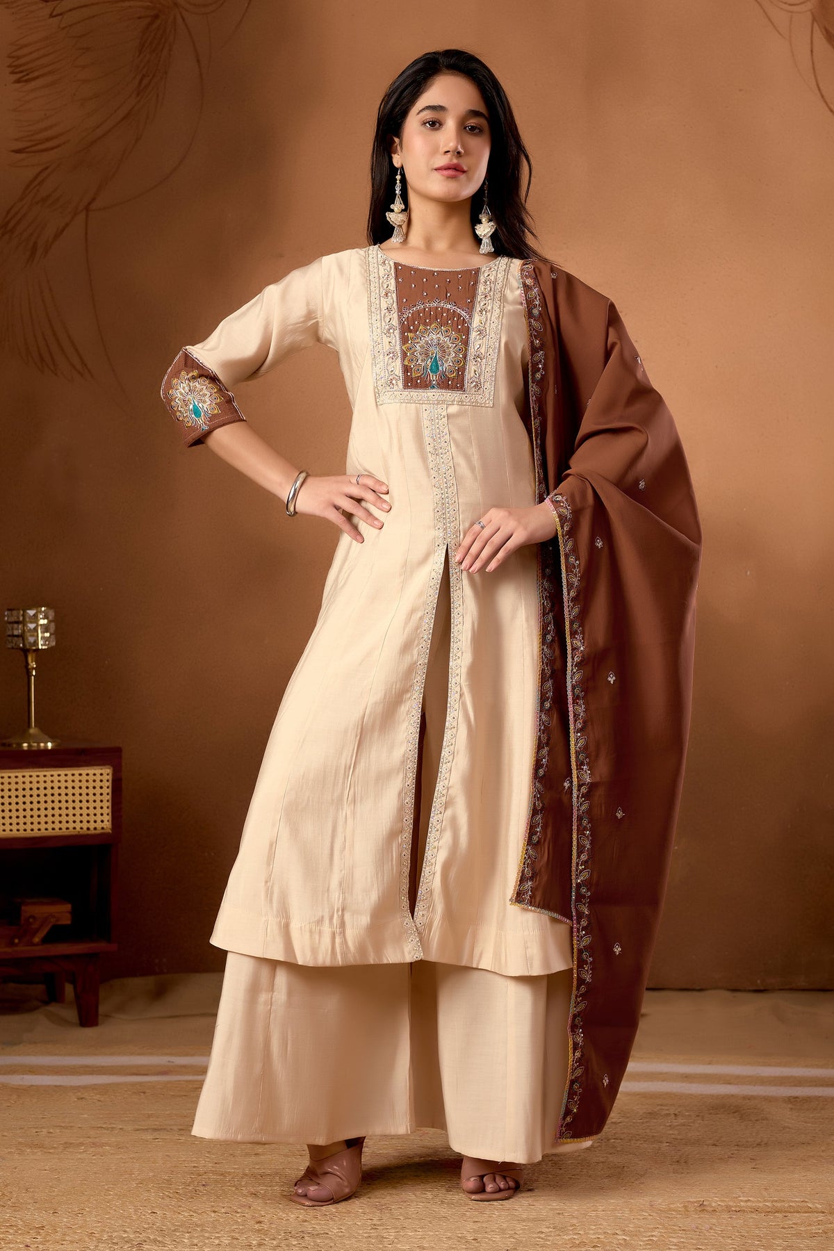 Cream Roman Silk Kurta Set with Multi Embroidery and Hand Work