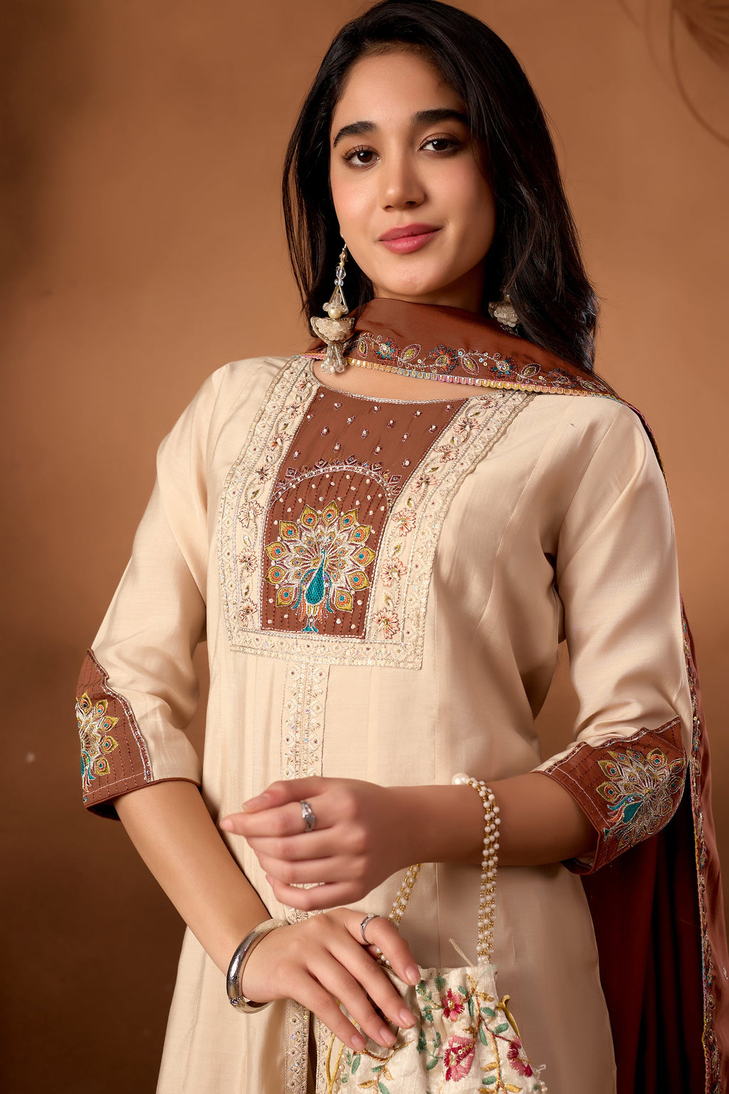 Cream Roman Silk Kurta Set with Multi Embroidery and Hand Work